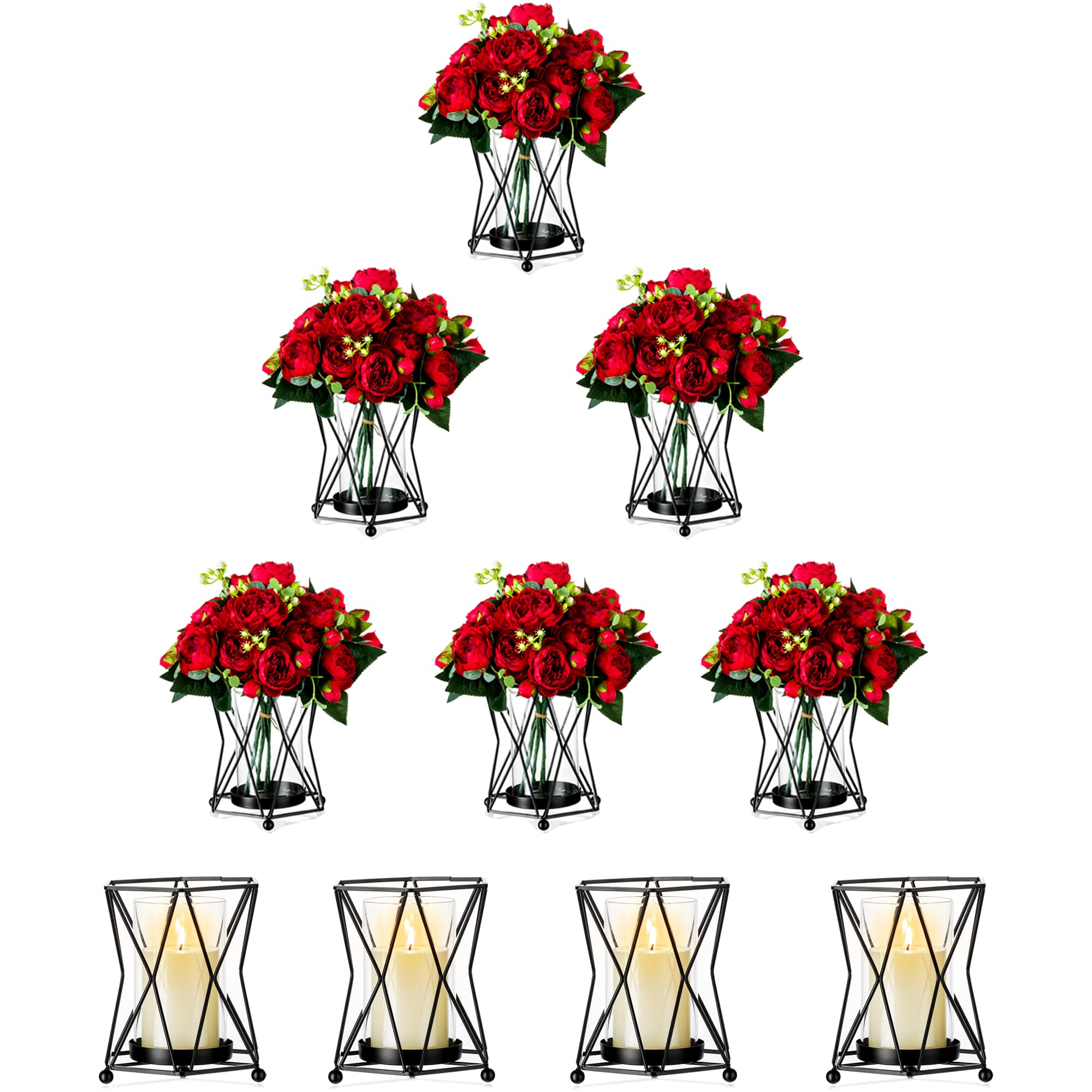 10-Pack Black Geometric Glass Hurricane Candle Holders - Modern Pillar Candle Stand for Home Decor, Weddings, Halloween, Easter, Diwali - Perfect for Mantel, Cafe, Office & Birthday Party Decorations