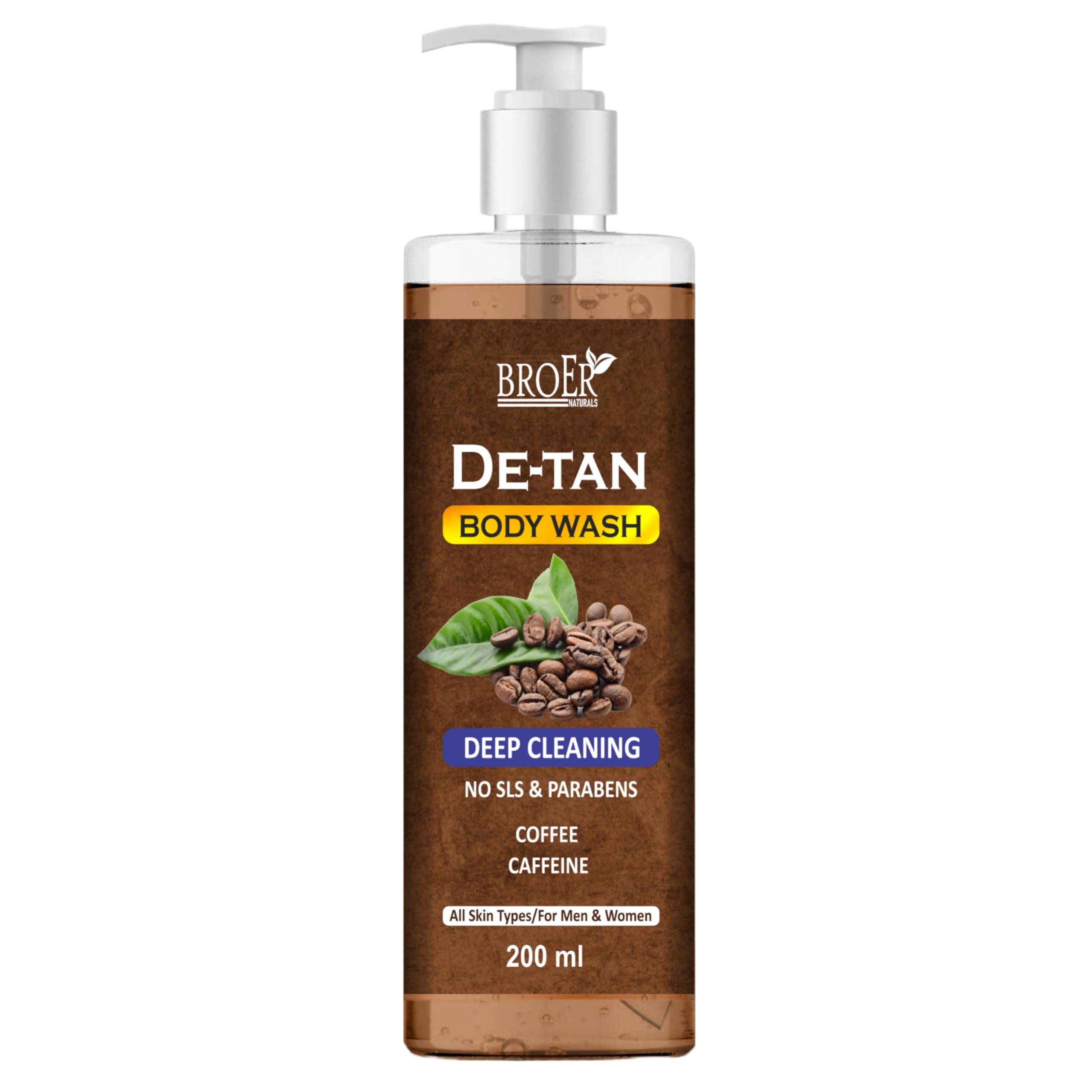BROER De-Tan Coffee Body Wash for Men & Women - Caffeine Infused Shower Gel, Paraben & Sulphate Free, 200ml | Exfoliating & Brightening Skin Care for Post-Workout & Morning Refreshment