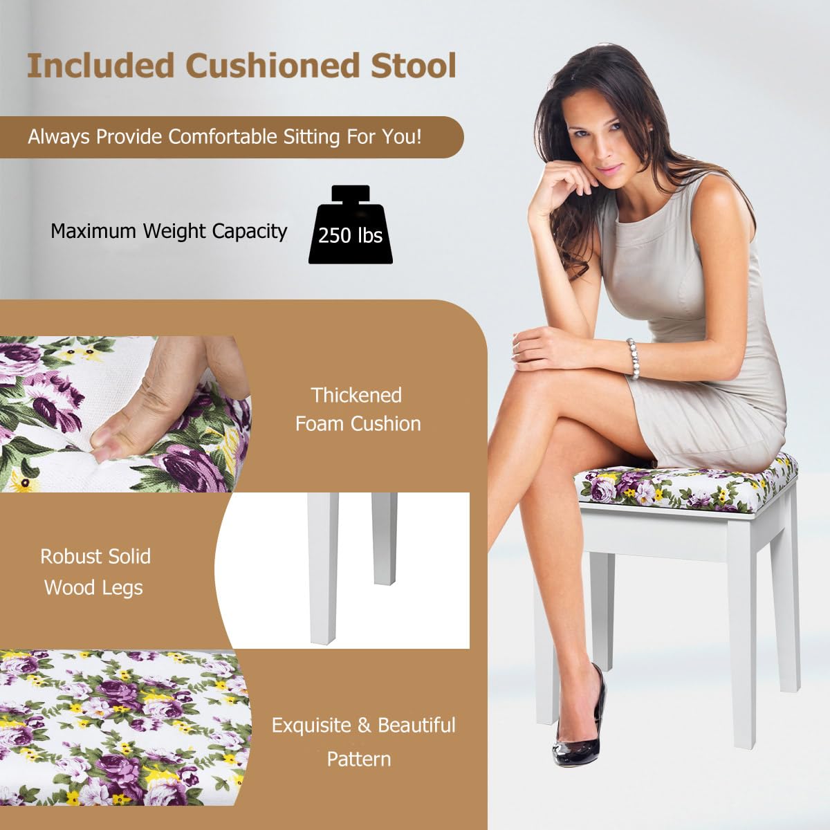 Byroce Vanity Set with Bench - White Dressing Table with Flip Top Mirror, 3 Drawers & 7 Compartments, Makeup Desk & Writing Table with Cushioned Stool for Bedroom, Living Room & Home Office - Perfect for Makeup Application, Skincare Routine, and Elegant Home Decor