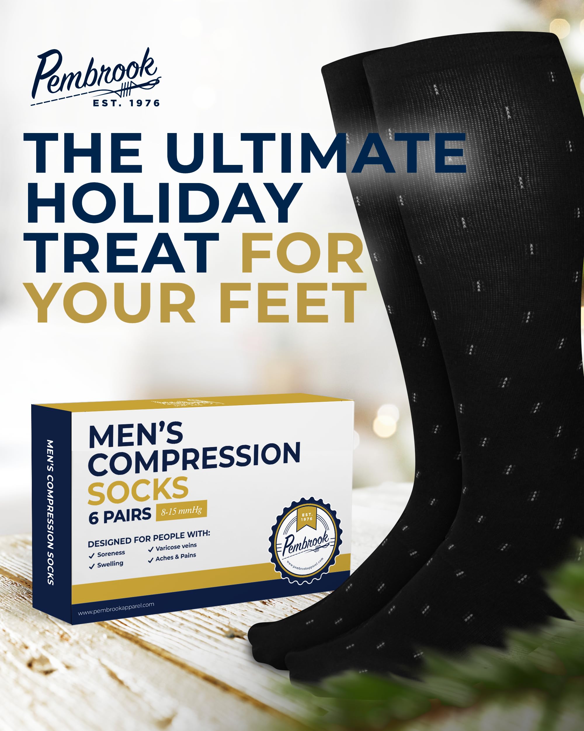 Pembrook Men's Light Compression Socks 6-Pack (8-15 mmHg Graduated Support) - Best for Running, Travel & Circulation - Comfortable Athletic Socks for Men Size 9-12