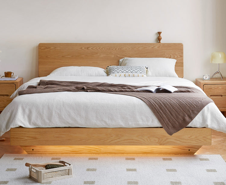 Solid Oak & Black Walnut Wood Floating Platform Bed with LED Lighting - Modern Bedroom Furniture for Contemporary Home Decor