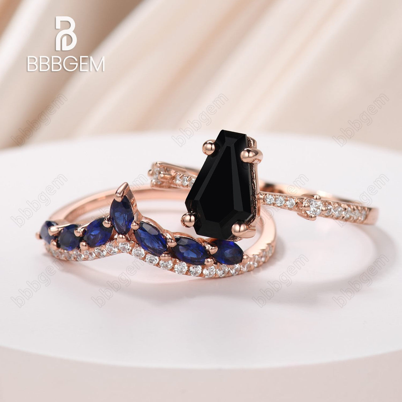 Unique Coffin Shaped Wedding Ring Set - 14k Rose Gold Black Onyx Ring & Marquise Cut Blue Sapphire Band - Gothic Anniversary Gift for Couples - Perfect for Dark Romance Weddings, Gothic Proposals & Alternative Jewelry Lovers