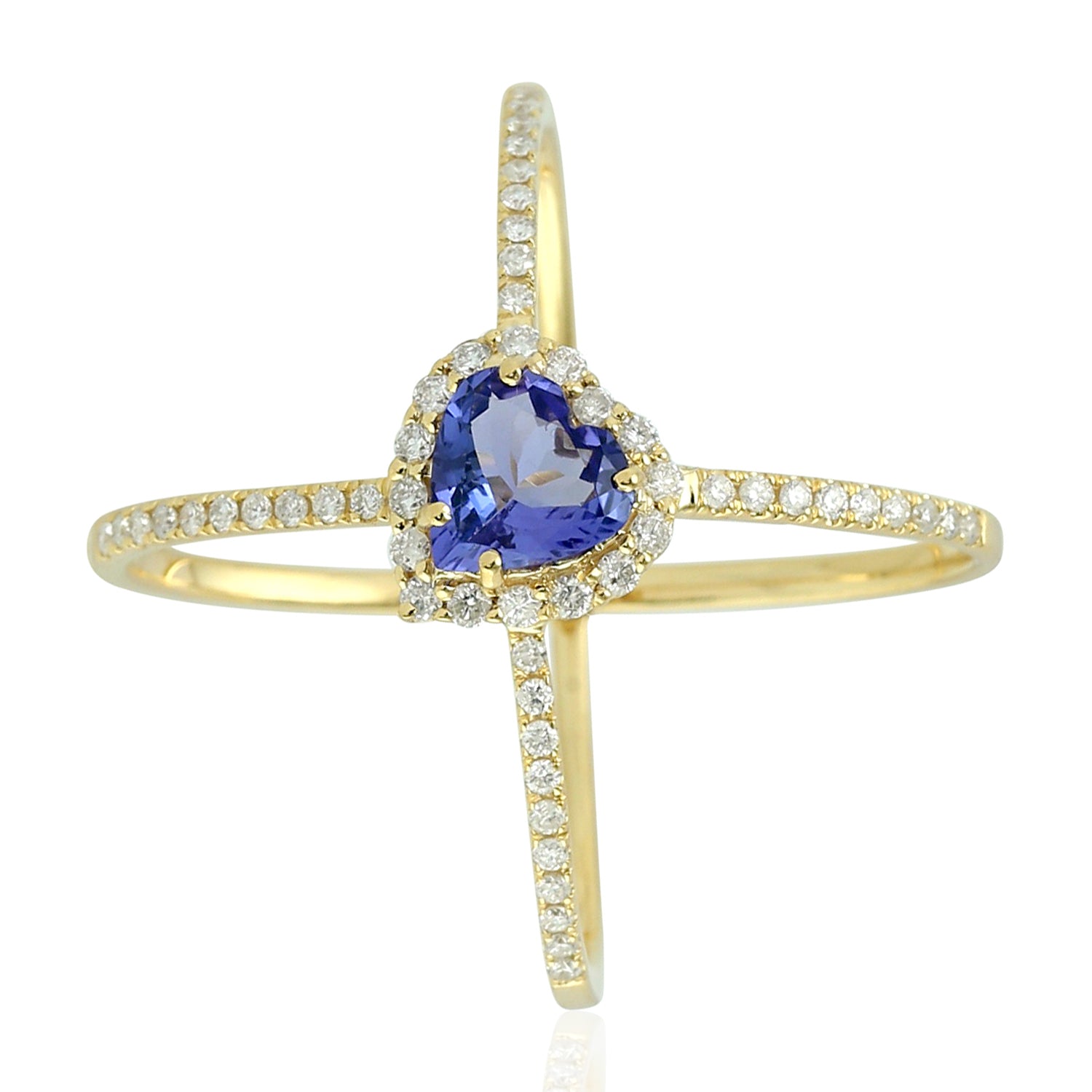 14K Yellow Gold Tanzanite and Diamond Heart Ring - Elegant Prong Set with Pave Diamonds for Valentine's Day, Anniversary, or Romantic Gift