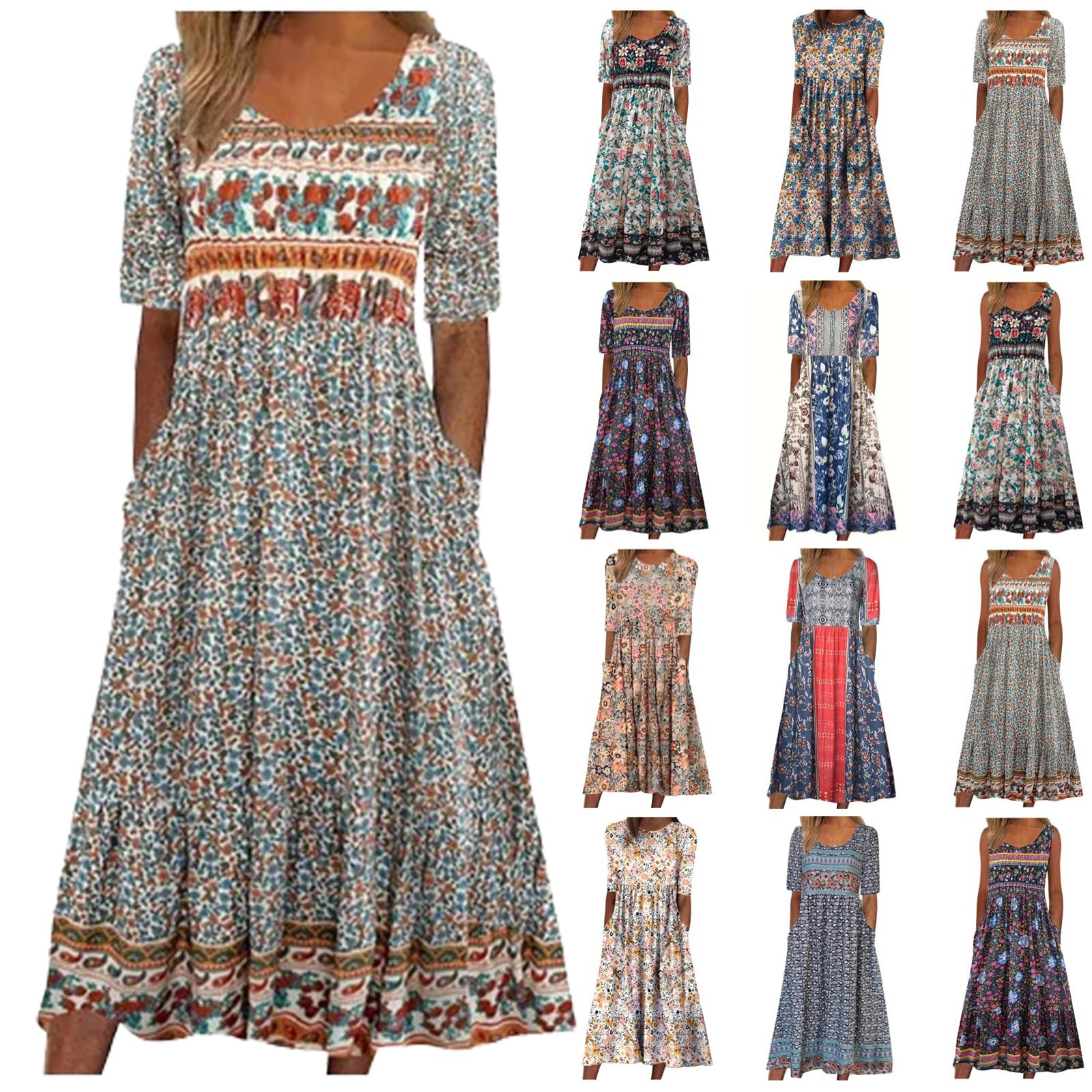 **Boho Dresses for Women 2025 | Plus Size Floral Bohemian Midi Dress | Summer Casual Sundress with Pockets | Perfect for Beach Vacations, Music Festivals & Everyday Wear**