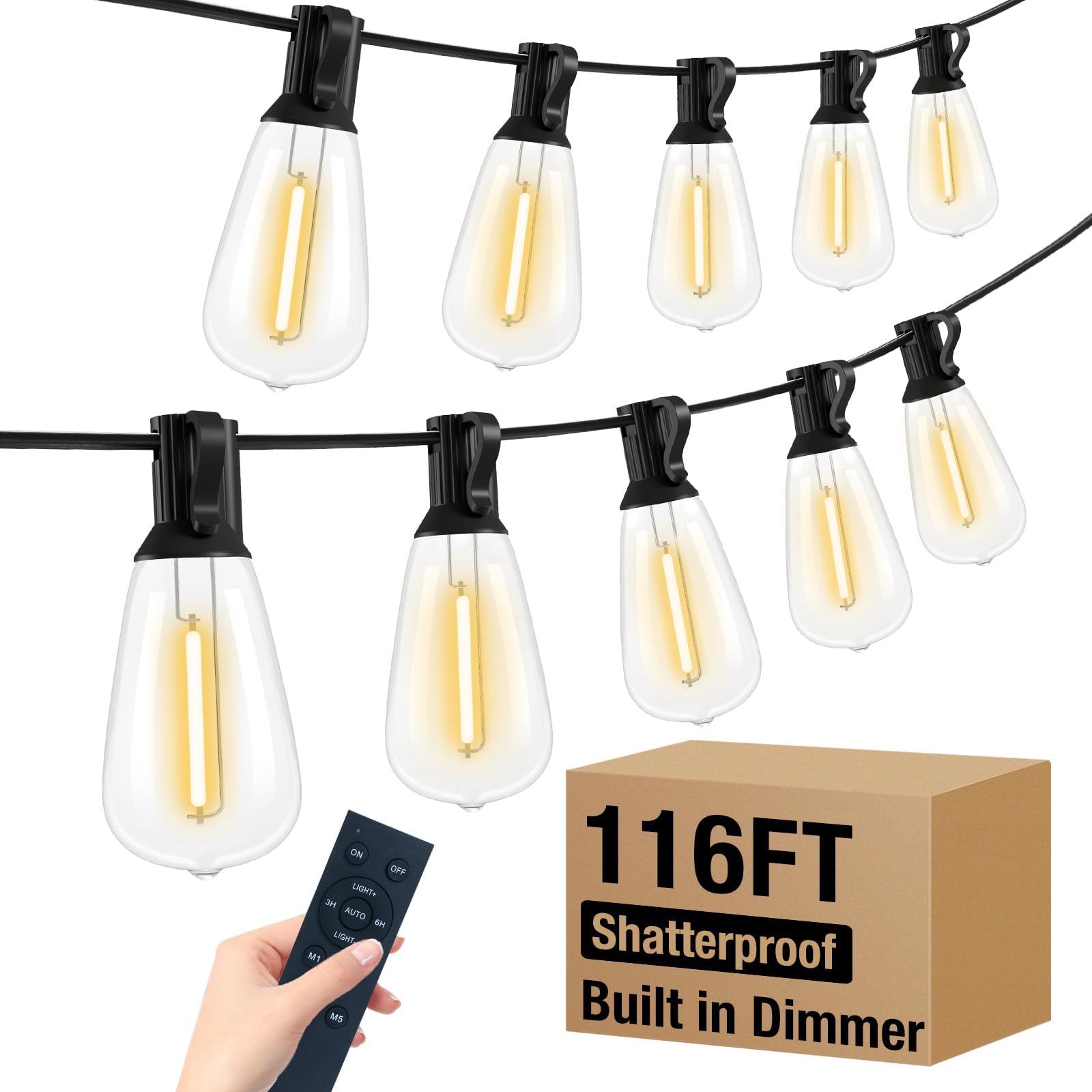 116FT Waterproof Outdoor String Lights with Shatterproof ST38 Edison Bulbs - Dimmable Patio Lights with Remote for Porch, Garden, Backyard | Perfect for Bistro, Gazebos, Fence & Outdoor Entertaining