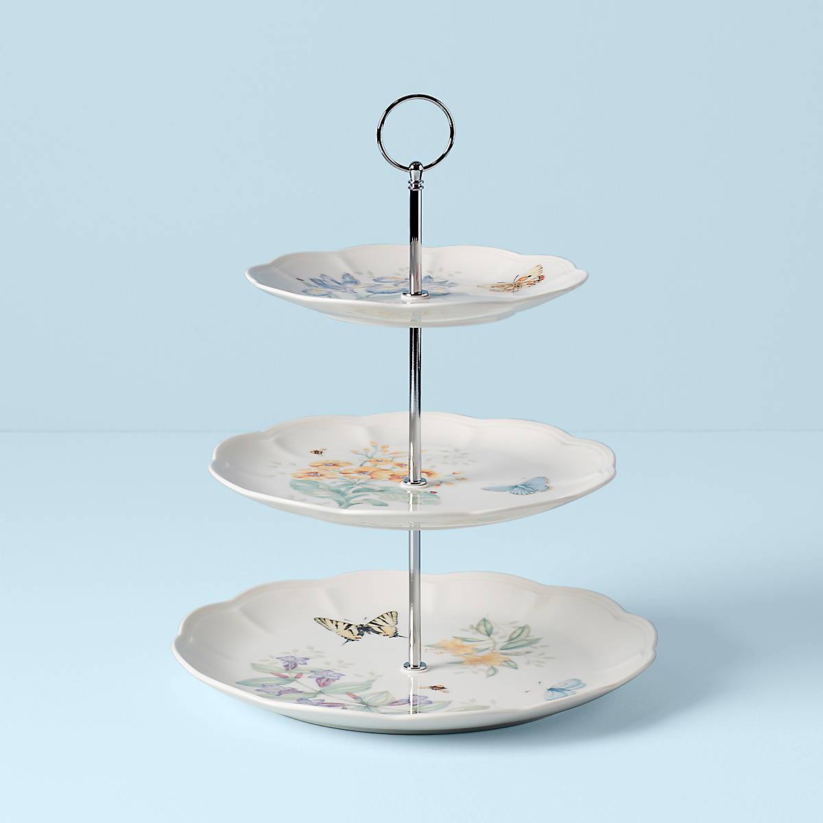 Butterfly Meadow 3 Tiered Serving Stand - Elegant Dessert Display for Parties, Weddings & Afternoon Tea | Rustic Wooden Cake Stand with Floral Design