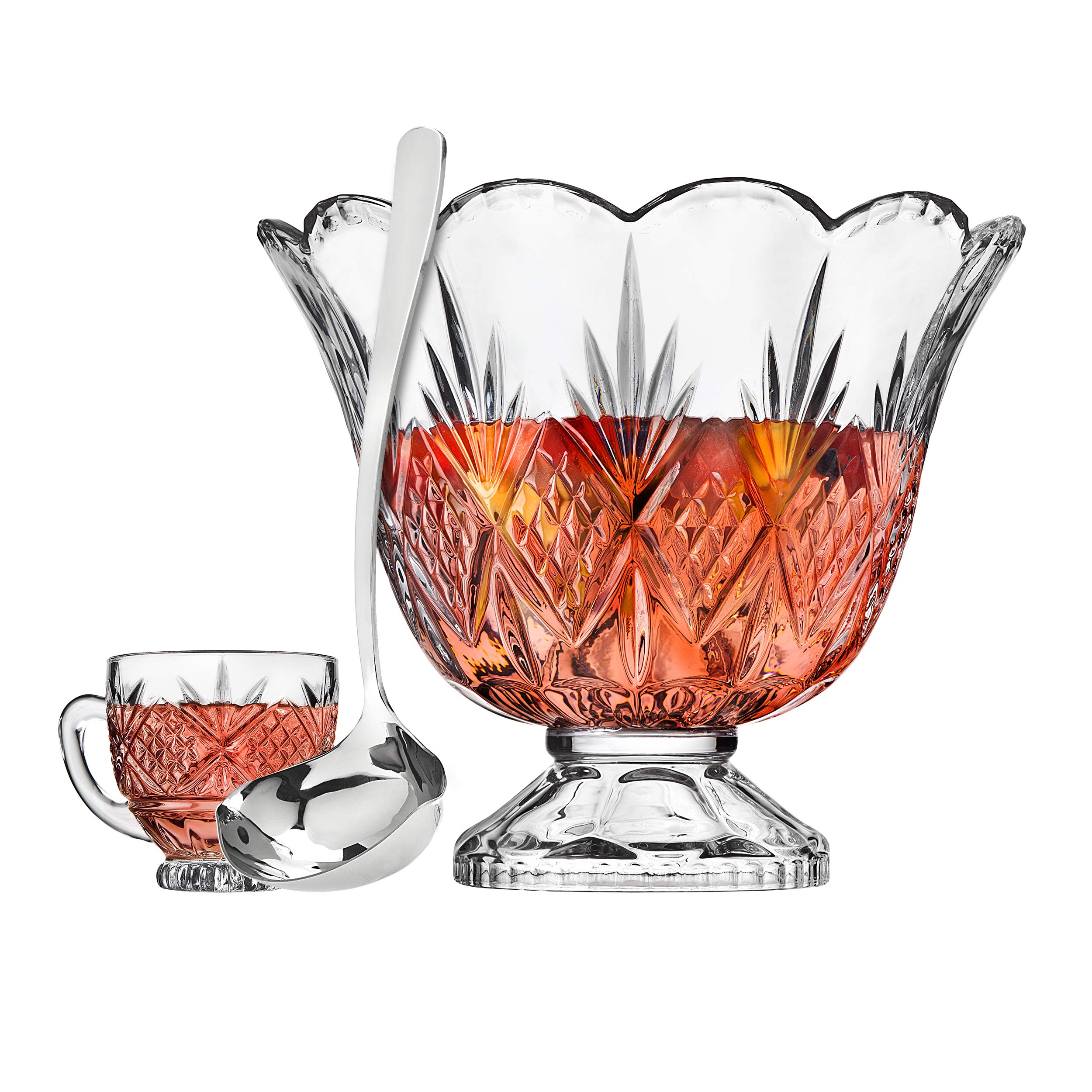 Godinger Dublin Crystal Punch Bowl Set with 8 Cups and Ladle - 10 Piece Elegant Glass Serving Set for Parties, Weddings & Holiday Entertaining