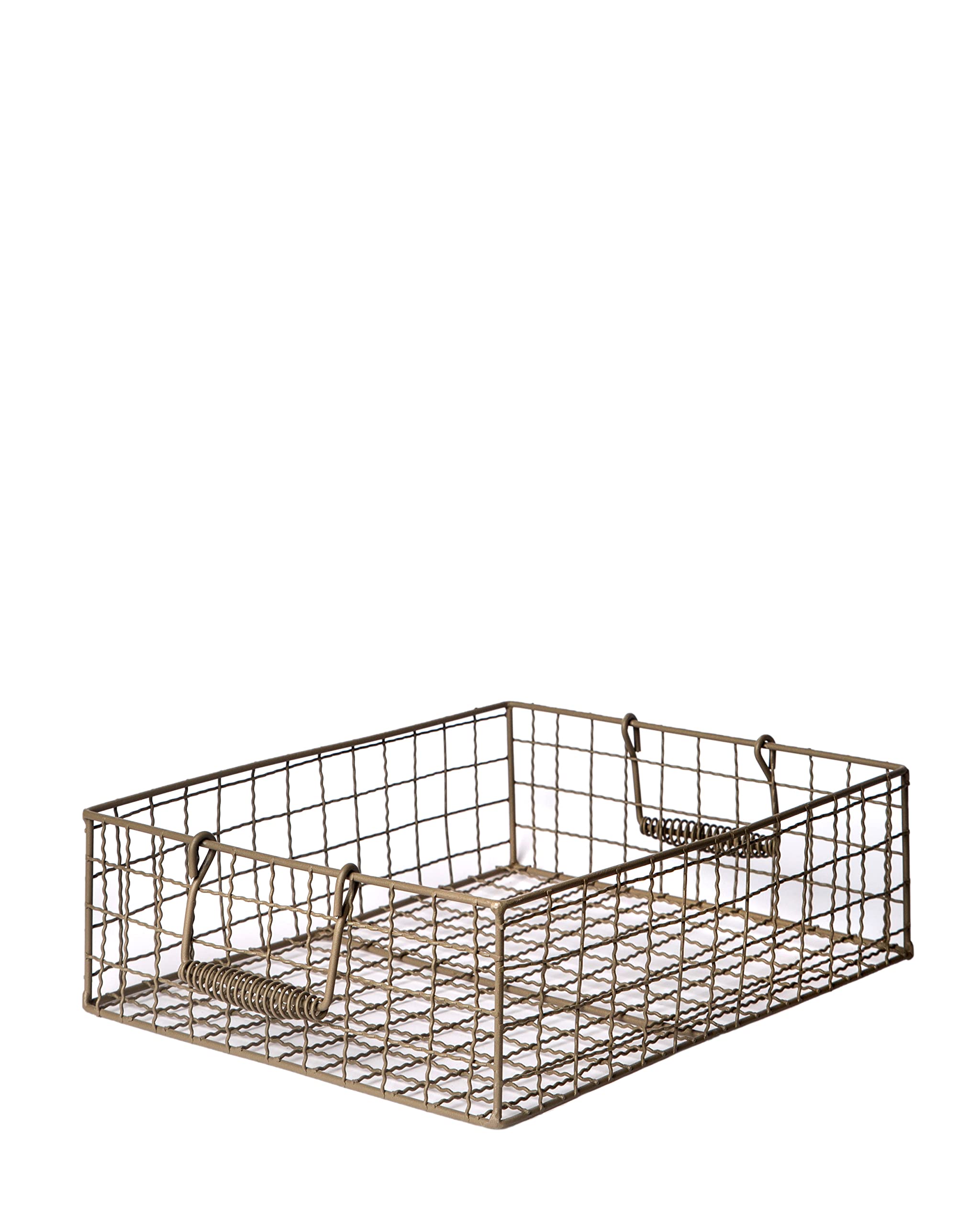 Farmhouse Metal Wire Storage Basket with Spring Handles - Small Grey Organizer for Bathroom, Pantry & Kitchen Cabinets | Durable Steel Wire Storage Solution | Perfect for Home Organization & Decor