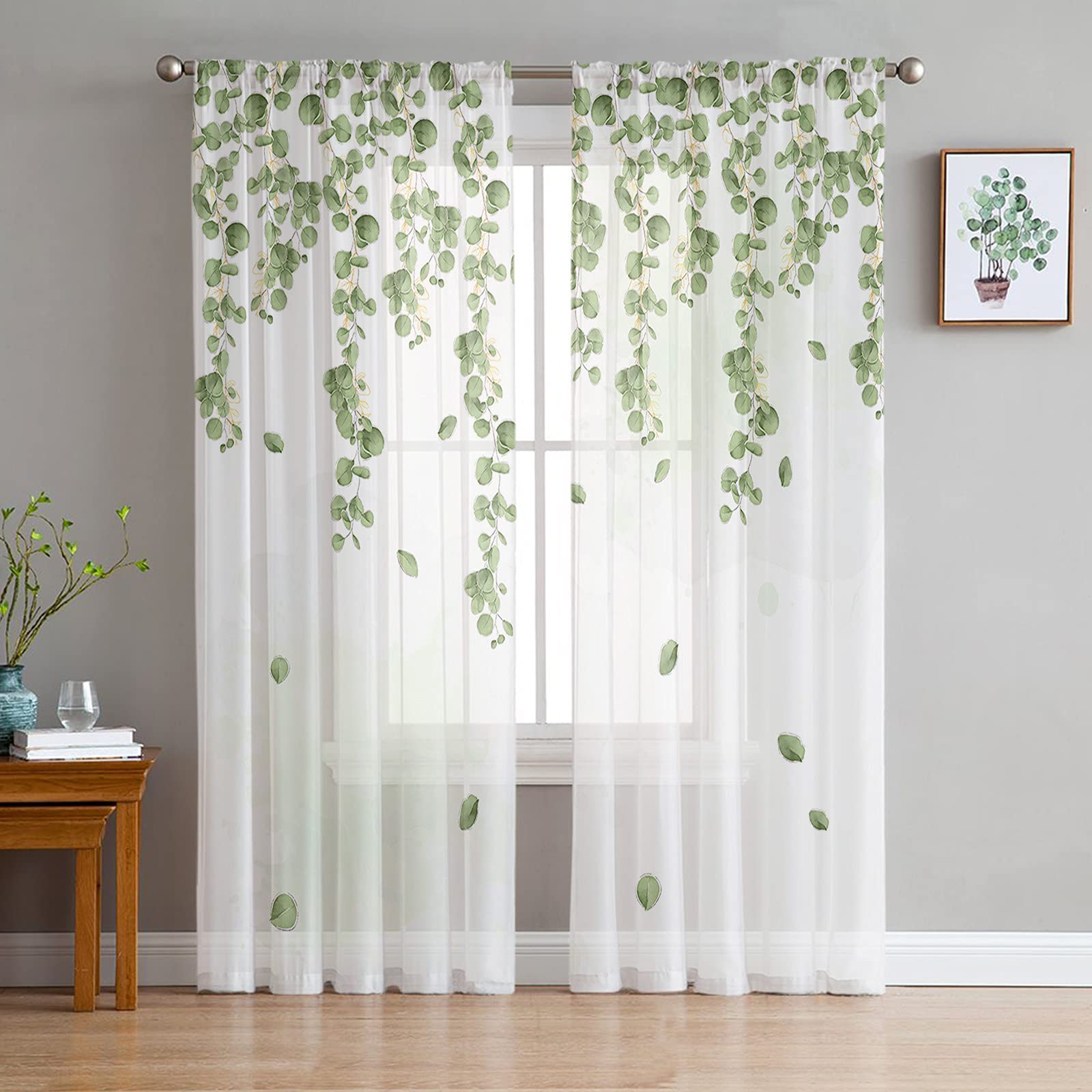 ARTSHOWING Semi-Sheer Voile Curtains Set of 2 - 52x84 Inch Watercolor Eucalyptus Leaf Design, Green Botanical Sheer Window Drapes for Bedroom & Living Room - Perfect for Natural Light Filtering and Boho Home Decor