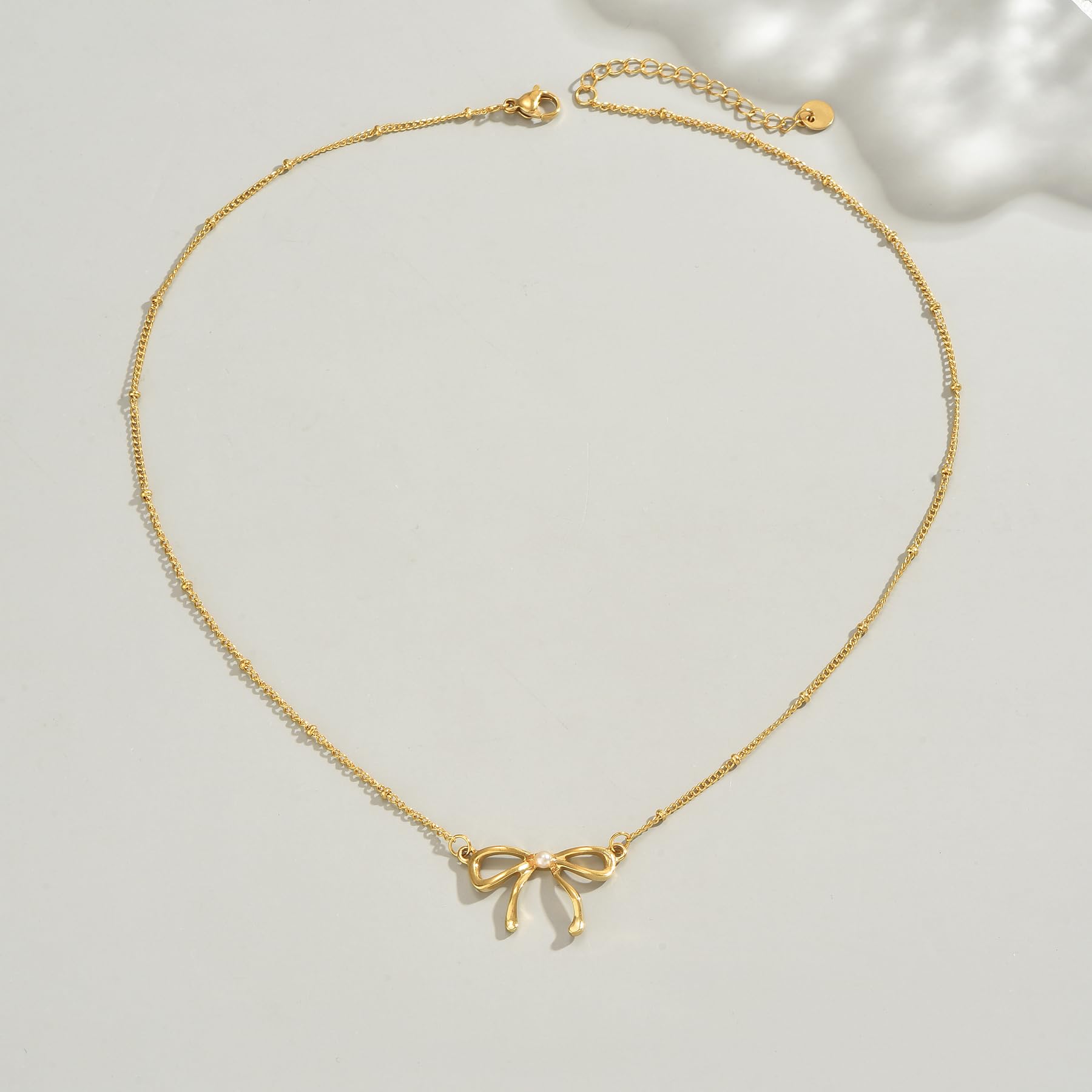 18K Gold Bow Pearl Necklace for Women - Elegant Jewelry Gift