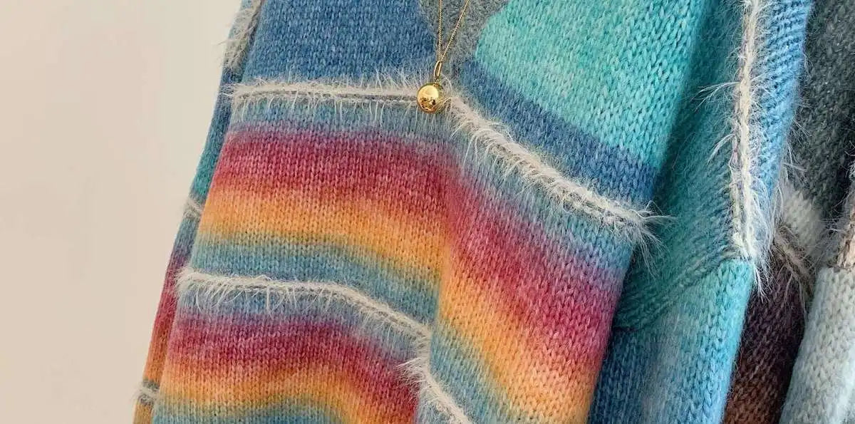2024 Women's Rainbow Striped V-Neck Knit Sweater - Korean Fashion Loose Pullover for Autumn & Winter | Trendy Long Sleeve Top for Casual Wear, Office & Date Nights
