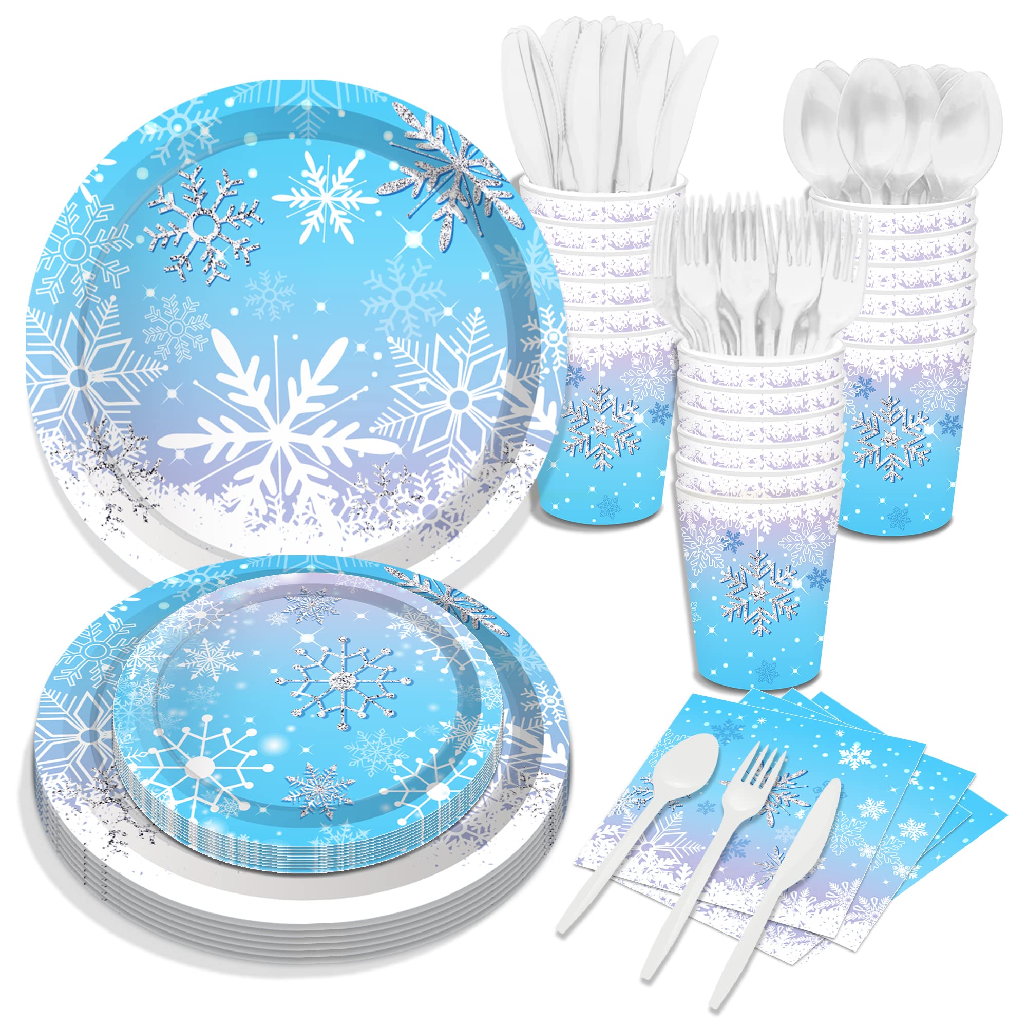 116-Piece Snowflake Winter Wonderland Party Supplies Set - 16 Guest Tableware Kit with Plates, Napkins, Cups & Forks for Christmas, Birthday & Holiday Celebrations | Perfect for Winter Themed Parties, Family Gatherings & Festive Decorations