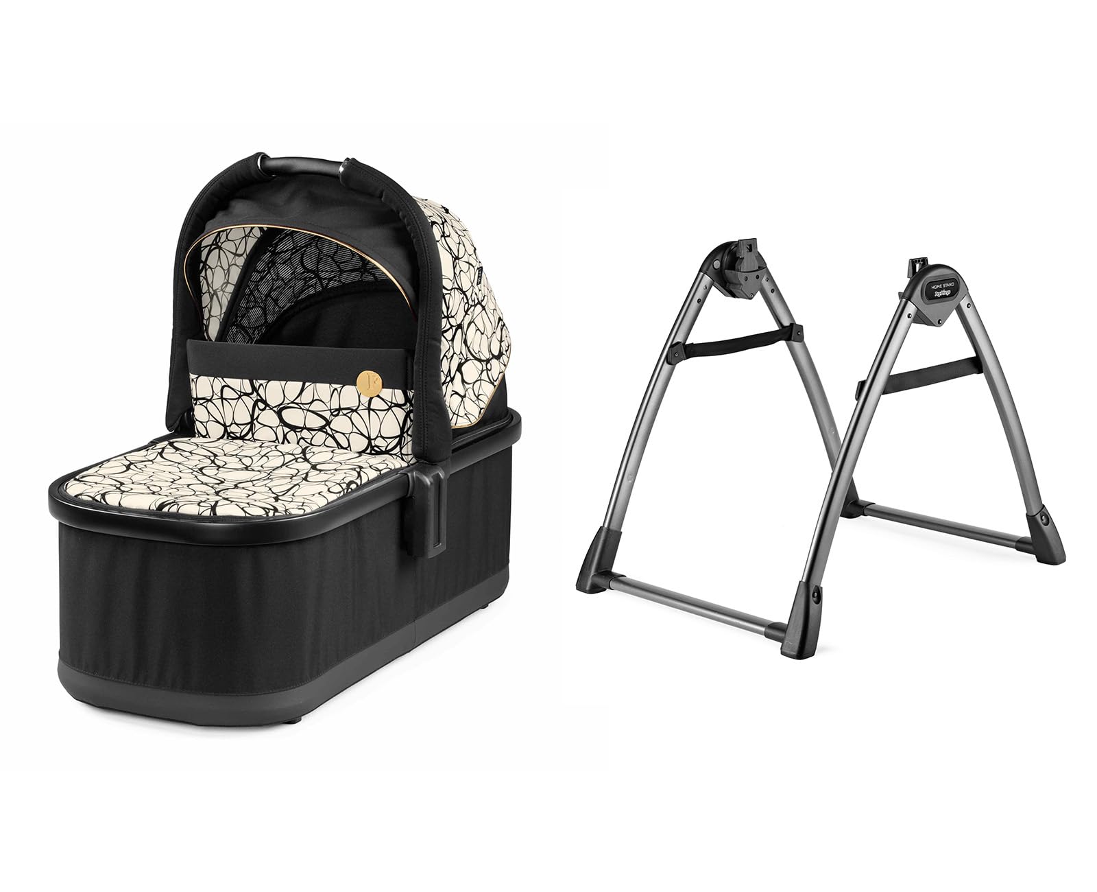 Peg Perego Bassinet with Home Stand for Ypsi, Veloce, Vivace Strollers - Black & Gold Graphic Design | Safe & Comfortable Baby Sleeper for Nursery, Bedroom, Travel