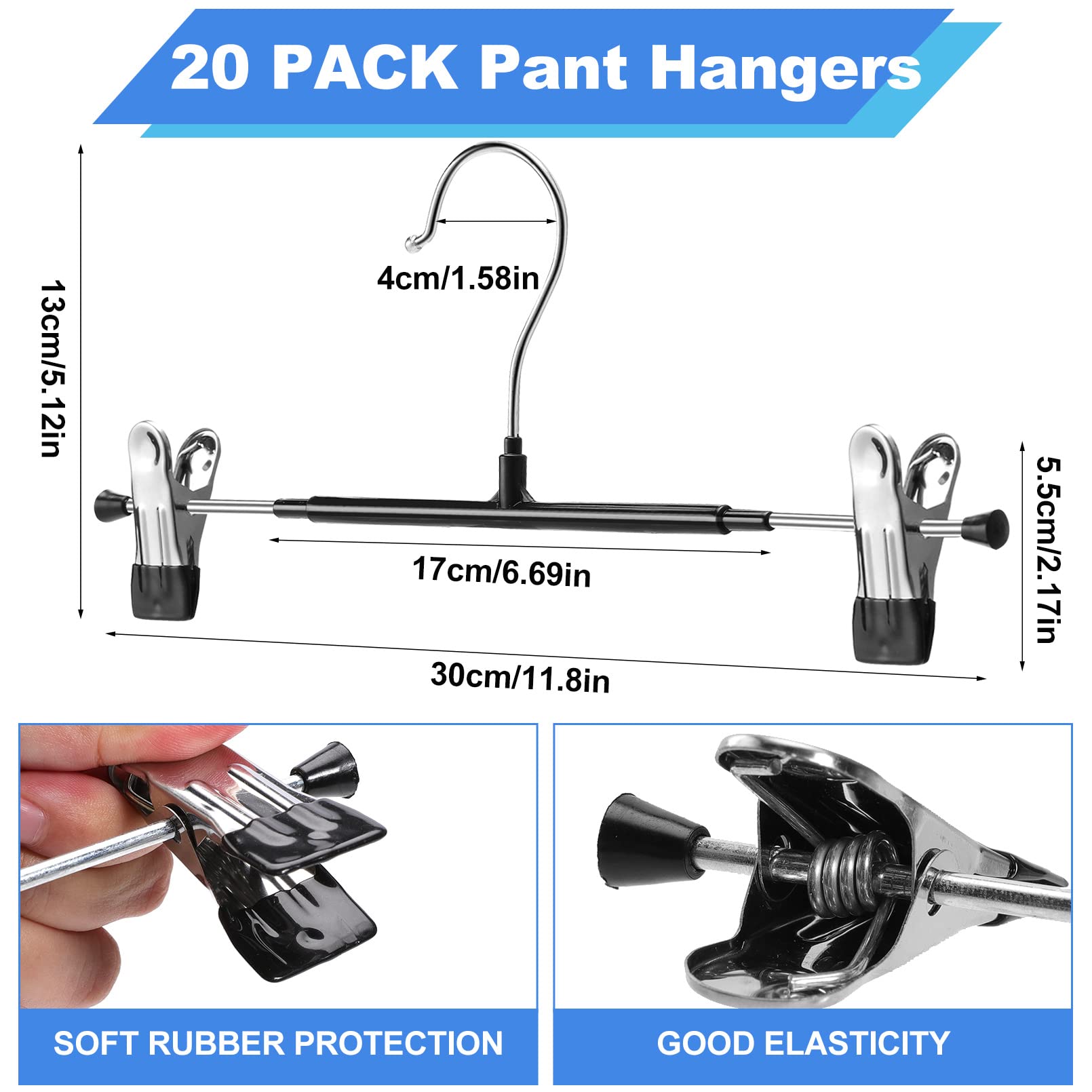20 Pack Heavy Duty Pants Hangers with Adjustable Clips - Space Saving Rubber Coated Metal Skirt Hangers for Jeans, Trousers, Kids & Baby Clothes - Perfect for Closet Organization & Wardrobe Storage