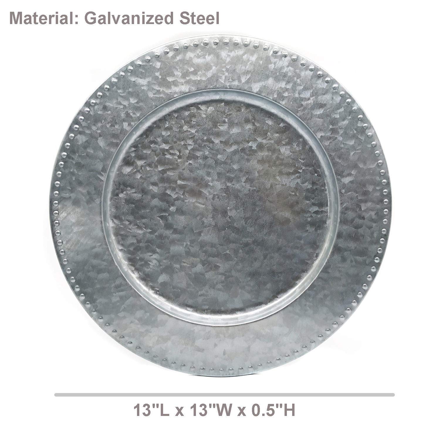 KX-WARE 13-inch Silver Galvanized Steel Beaded Charger Plates - Set of 6 Elegant Dinnerware for Wedding, Party & Formal Dining Decor