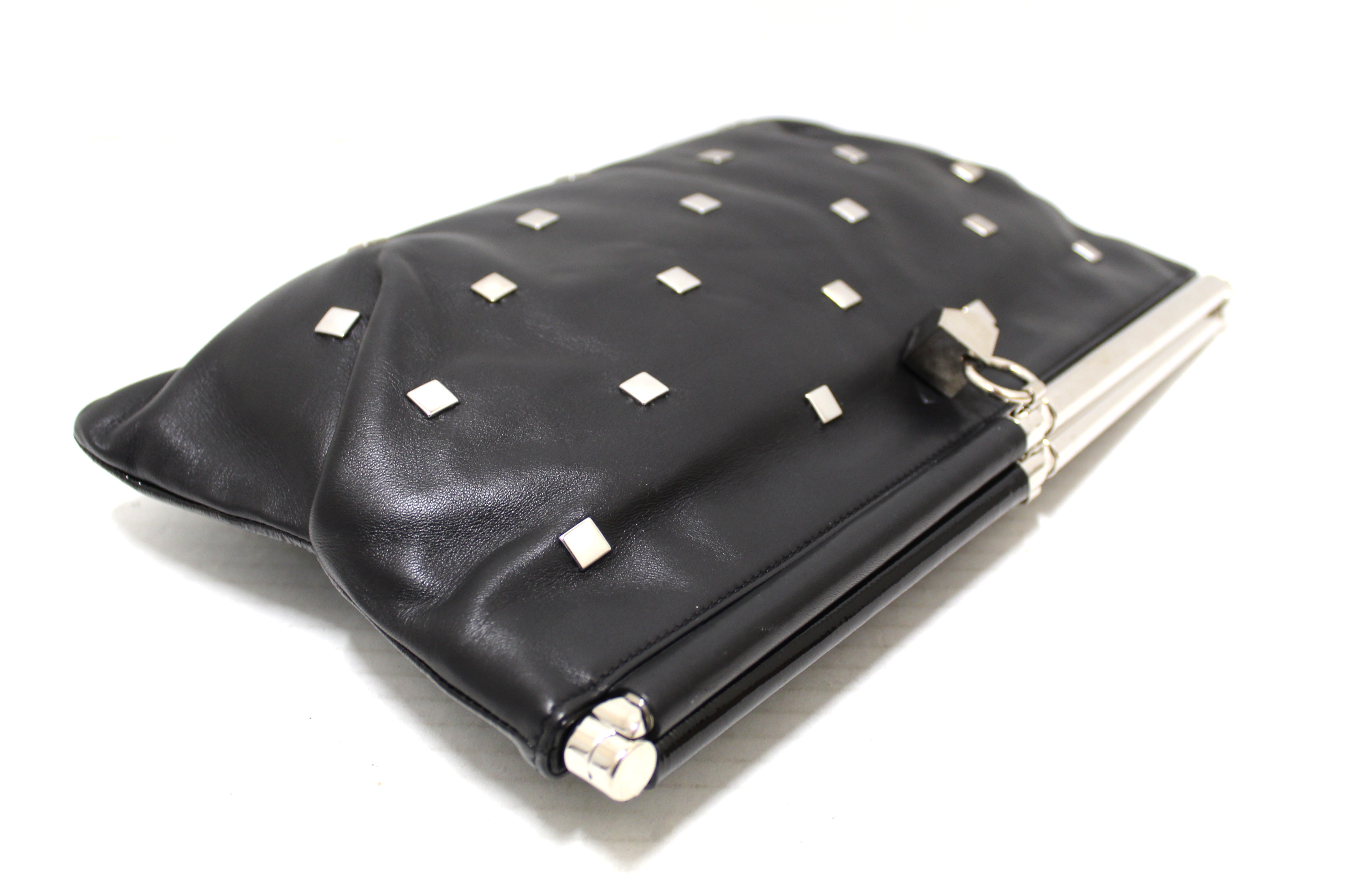 Authentic Jimmy Choo Black Square Studded Nappa & Patent Leather Clutch Bag for Women | Luxury Evening Clutch for Parties, Weddings & Special Occasions
