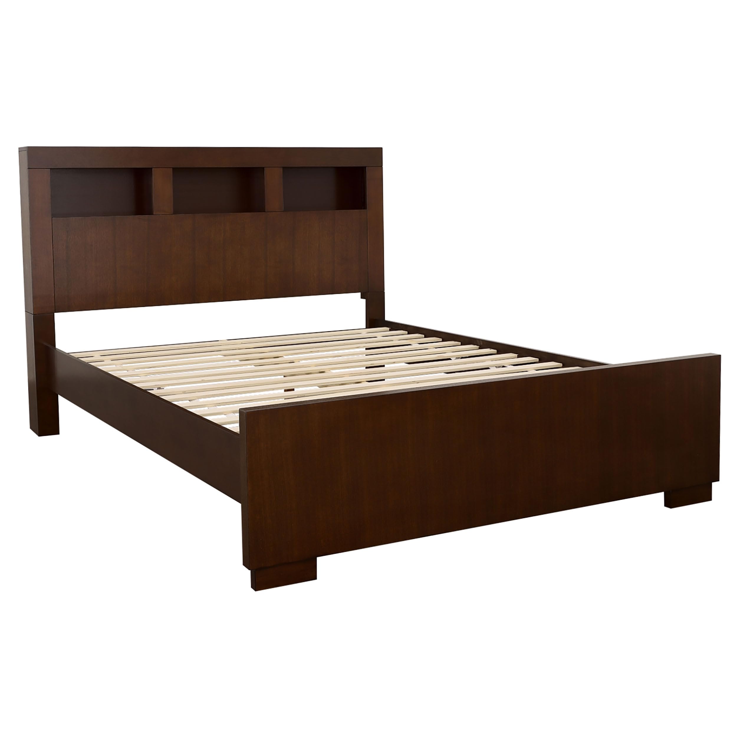 Coaster Home Furnishings Jessica Contemporary Wood Queen Size LED Storage Bookcase Bed Frame with 47-inch Headboard in Cappuccino - Modern Platform Bed with Built-in Storage for Small Spaces & Apartment Living