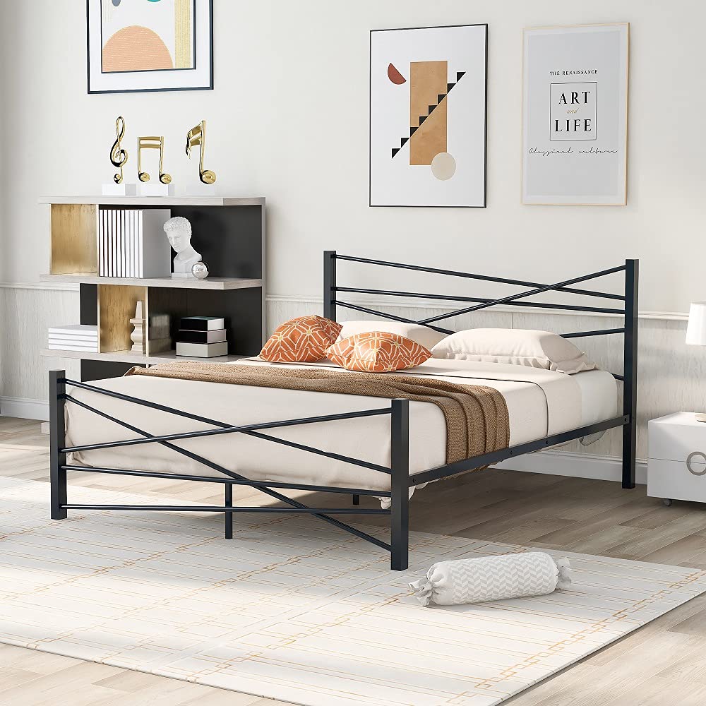Queen Size Metal Platform Bed Frame - Victorian Vintage Style with Headboard & Under-Bed Storage, No Box Spring Needed (Black & Stainless Steel) | Perfect for Master Bedrooms, Guest Rooms & Apartment Living