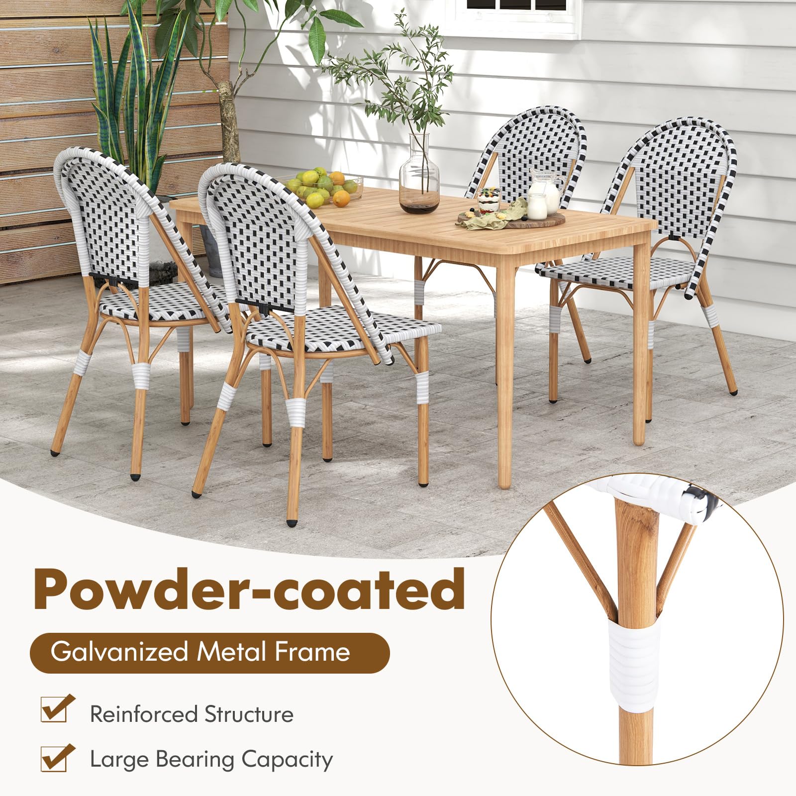 Tangkula French Bistro Chair Set of 4 - Outdoor Armless Dining Chairs with Hand-Woven Rattan & Galvanized Metal Frame - Patio Kitchen Garden Backyard Porch Accent Chairs (Black & White) - Perfect for Al Fresco Dining, Coffee Shops, and Coastal Decor