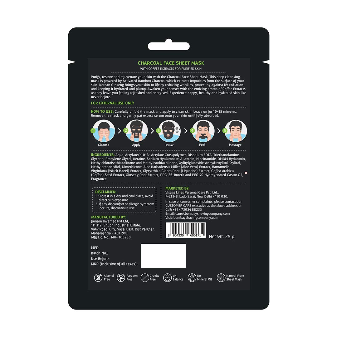 Bombay Shaving Company Charcoal Face Sheet Mask - Detoxifying & Purifying for Clear Skin | At-Home Skincare Treatment for Men | Perfect for Post-Shave, Travel & Relaxation