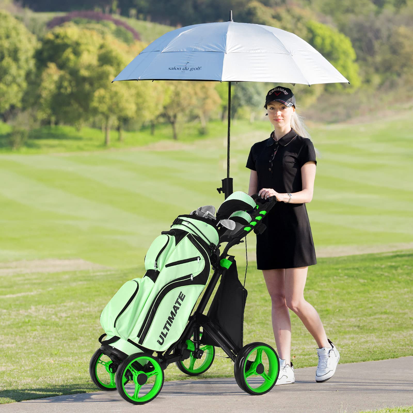 Tangkula Lightweight Aluminum Golf Push Pull Cart - 4 Wheel Collapsible Golf Trolley with Foot Brake, Adjustable Handle, Cup & Umbrella Holder - Perfect for Golf Courses, Driving Ranges & Outdoor Practice
