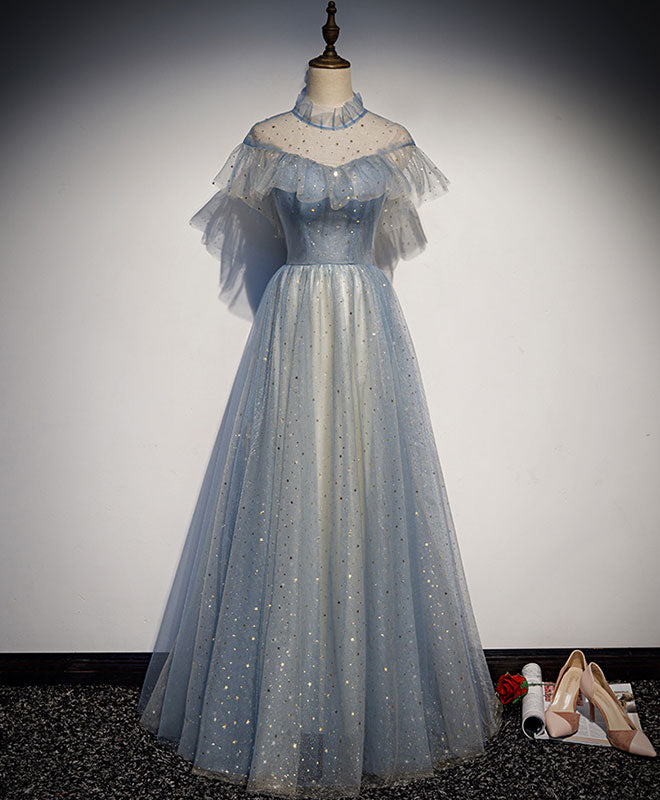 Elegant Light Gray Blue Tulle Lace Long Prom Dress for Women - Formal Evening Gown for Homecoming, Ball, Wedding & Special Occasions