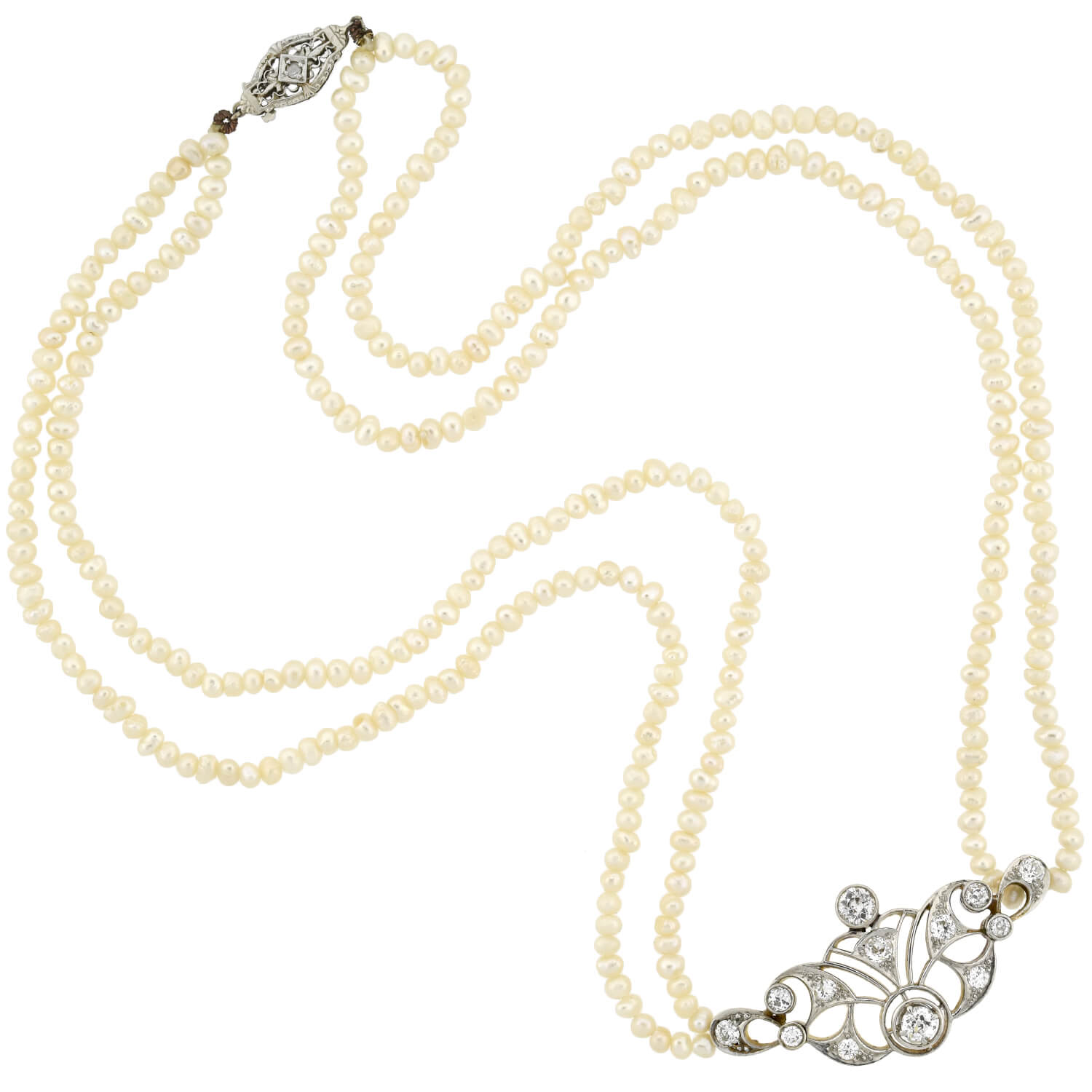 Edwardian 14K Gold & Platinum Seed Pearl Necklace with Diamond Centerpiece - Vintage Jewelry for Weddings, Anniversaries & Special Occasions