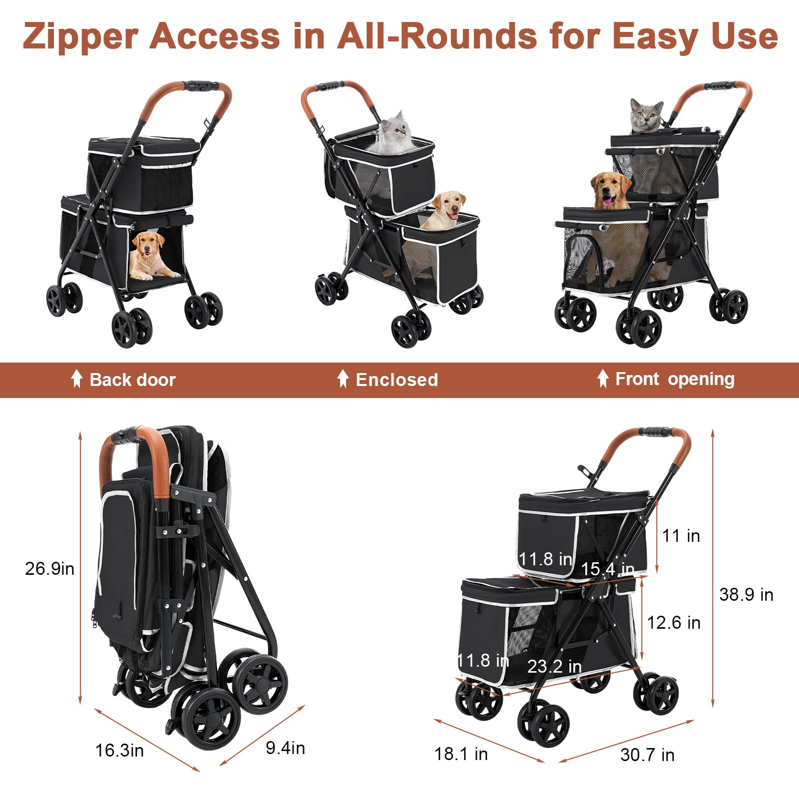 Double Pet Stroller for Dogs and Cats - Foldable 4-Wheel Travel Carrier for Small & Medium Pets - One-Hand Operation - Perfect for Park Walks, Vet Visits & Shopping Trips - Black