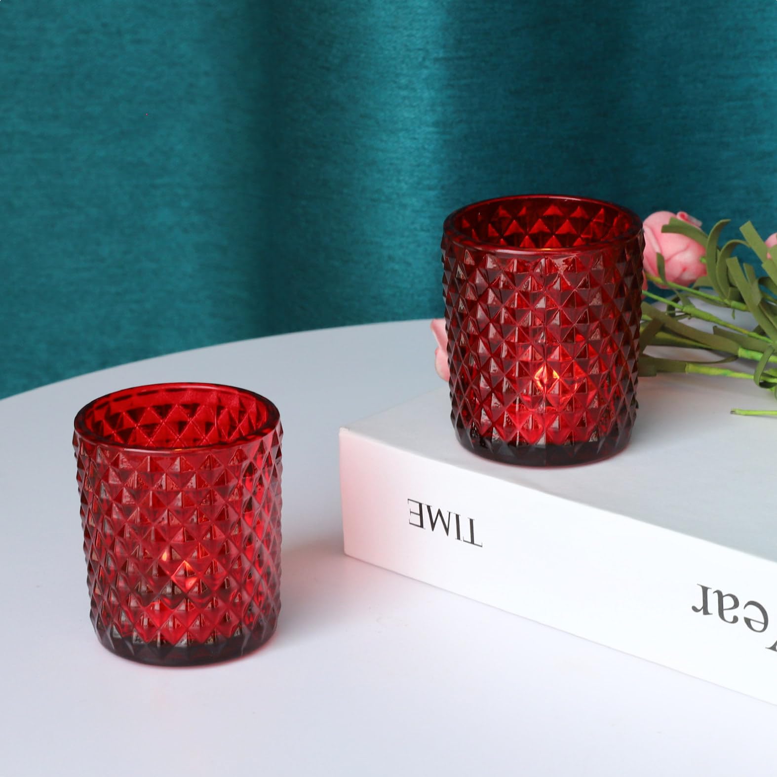 Woho 24-Piece Red Diamond Pattern Tea Light Candle Holders - Bulk Votive Candle Holders for Christmas, Festivals & Home Decor - Perfect for Table Centerpieces, Wedding Receptions & Holiday Parties