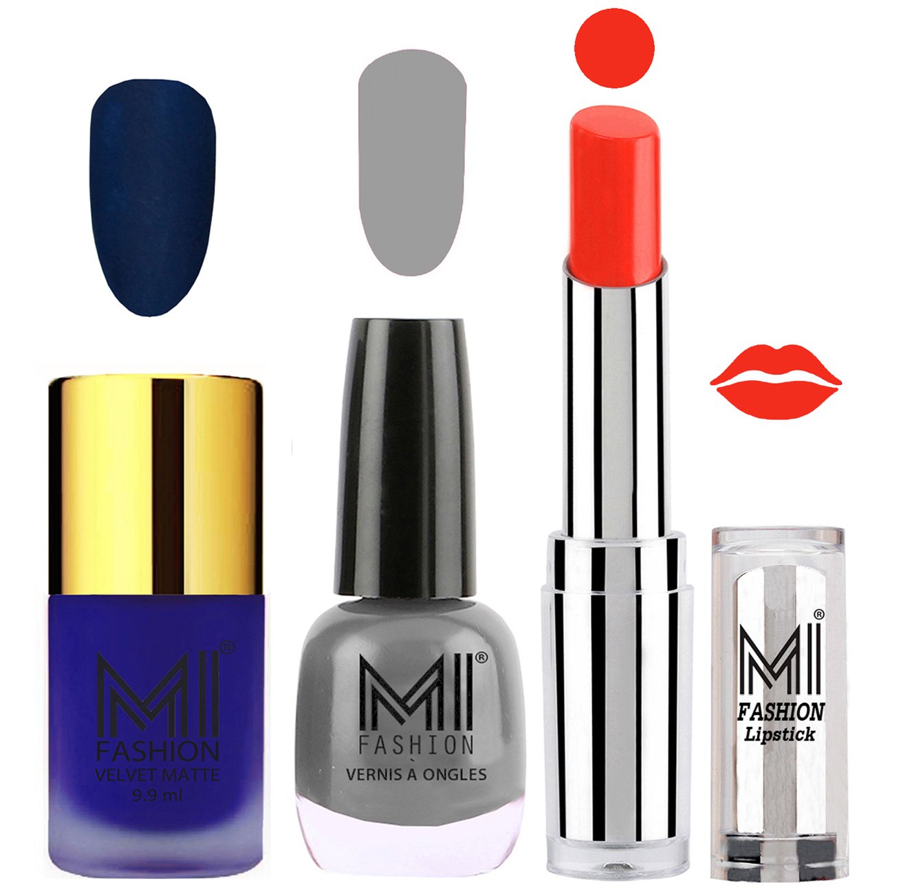 MI Fashion Nail Polish & Lipstick Combo Set - Matte Royal Blue, Shimmer Grey Nail Polish & Orange Crush Lipstick (3-Piece) | Perfect for Parties, Date Nights & Gift Giving