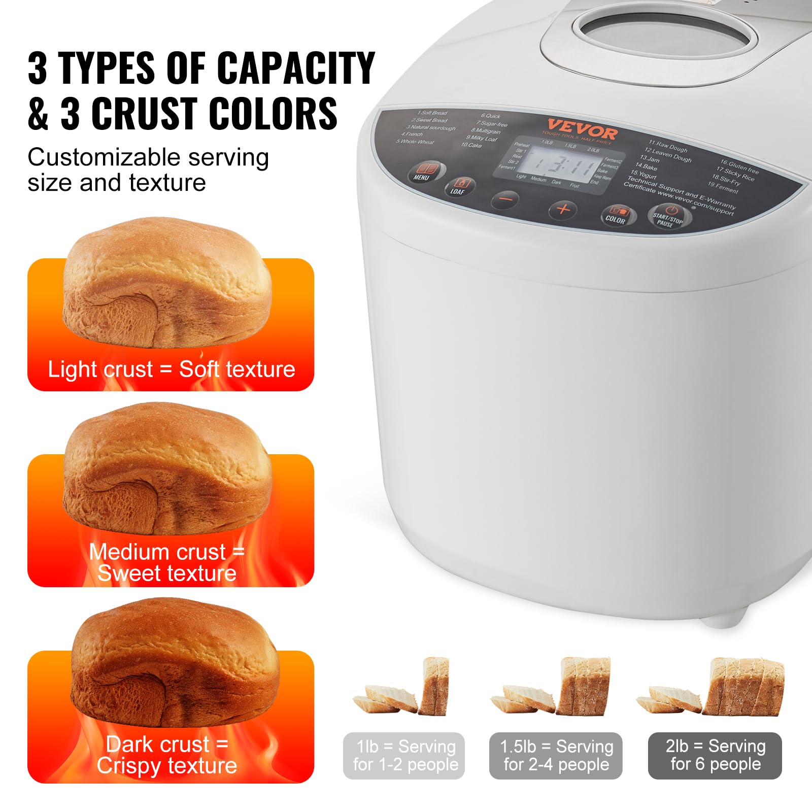 VEVOR 2LB Automatic Bread Maker Machine - 19-in-1 Programmable Dough Maker with Gluten-Free Setting, Nonstick Ceramic Pan, Whole Wheat & White Bread Options, 3 Loaf Sizes & Crust Colors - Perfect for Home Baking, Breakfast & Healthy Eating
