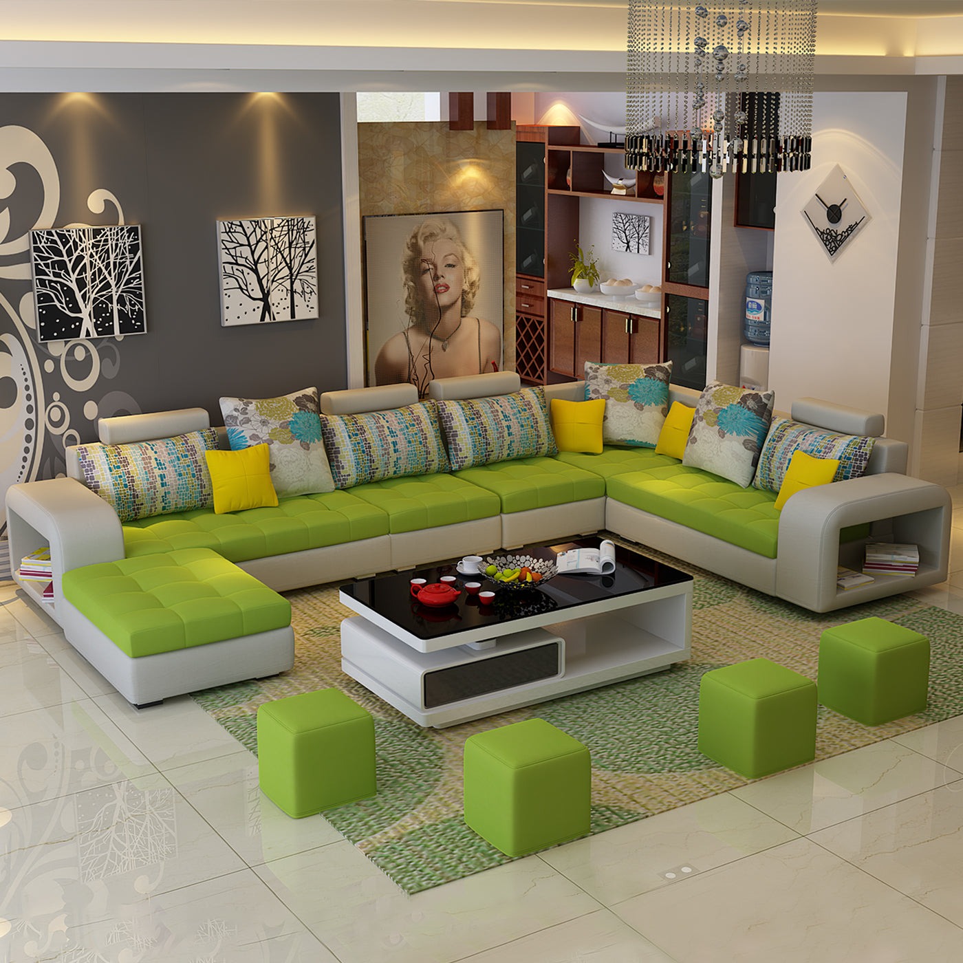 Selena Green & Light Grey Modular Tufted Sectional Sofa - Modern L-Shaped Living Room Couch for Home Theater & Family Gatherings