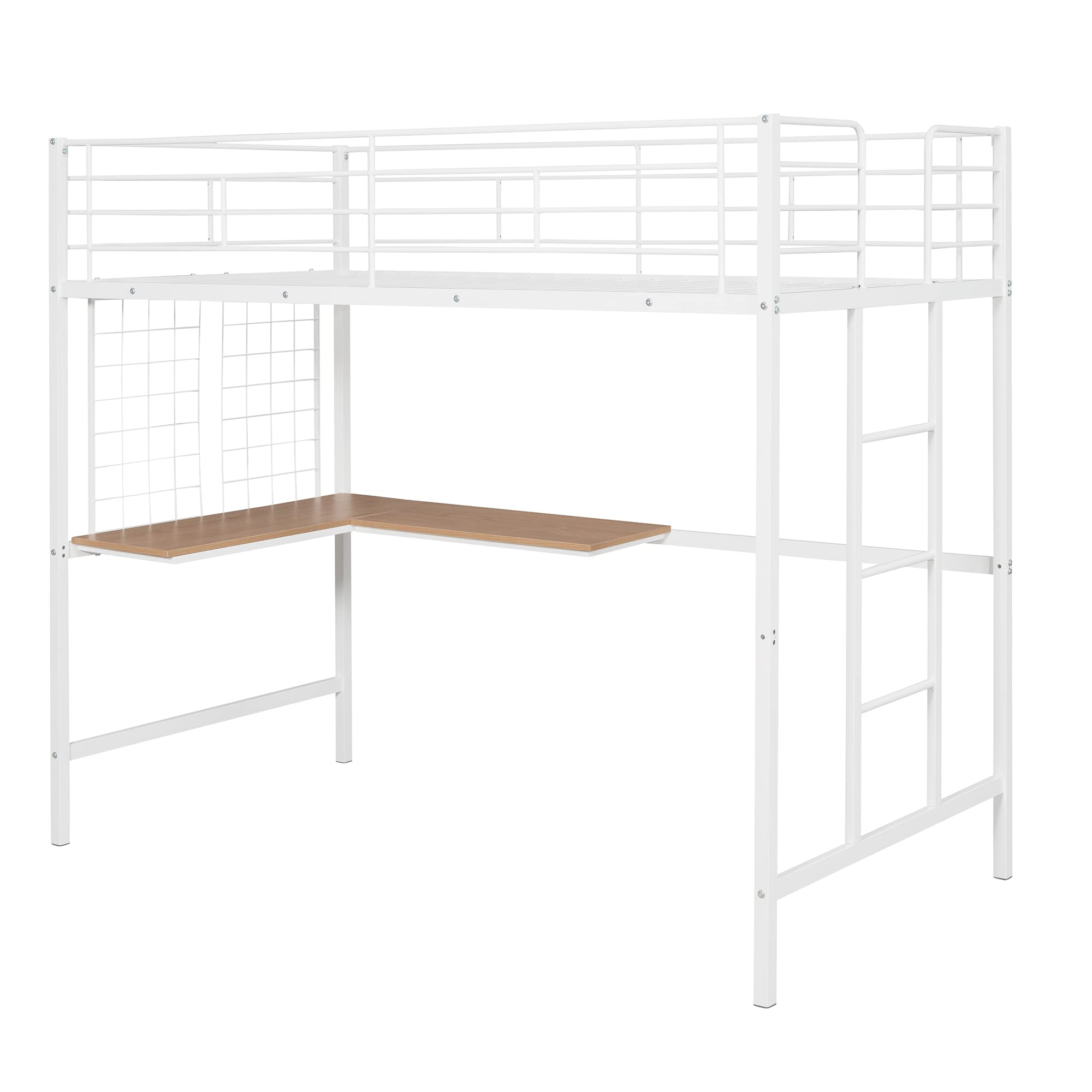 Harper & Bright Designs Twin Size Metal Loft Bed with L-Shape Desk - Space Saving Loft Bed Frame with Study Area for Kids & Teens - Sturdy Metal Grid Design - Perfect for Small Bedrooms & Dorm Rooms (White)