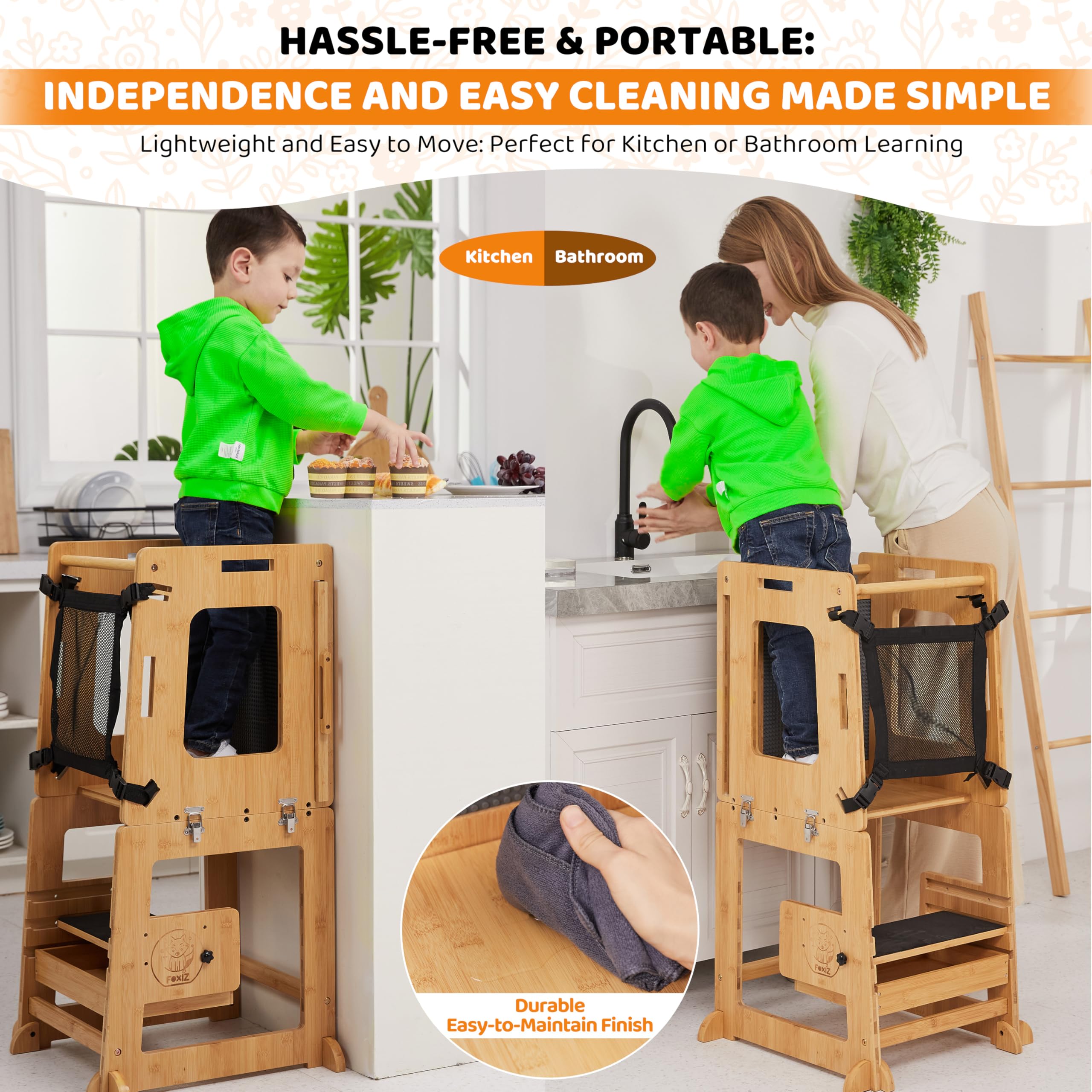 4-in-1 Bamboo Convertible Toddler Tower with Storage - Kitchen Helper, Weaning Table, Step Stool & Learning Tower for Kids 1-3 Years | Foldable Montessori Toddler Desk for Baking, Cooking & Playtime Activities