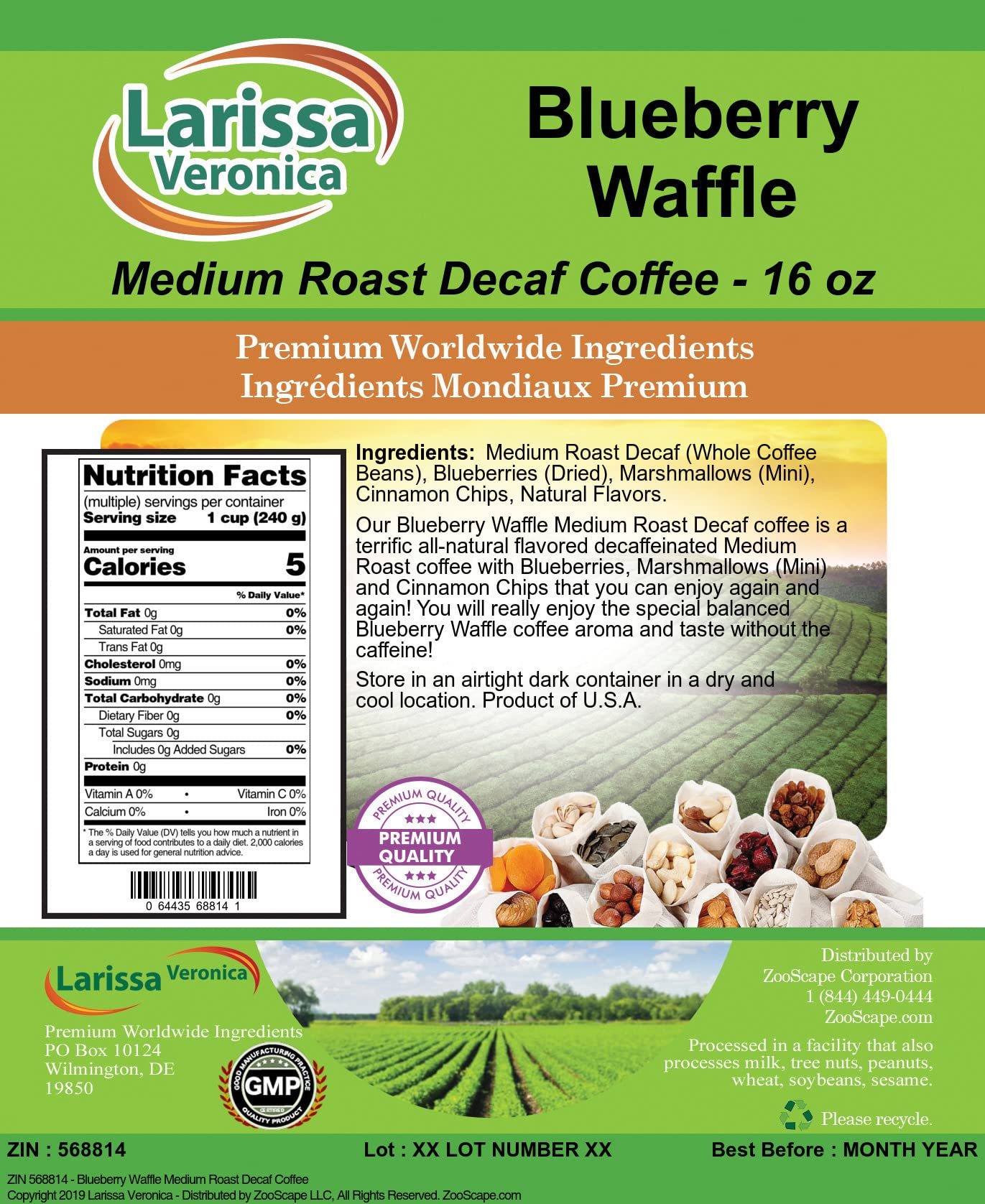 Premium Decaf Blueberry Waffle Medium Roast Coffee Beans - Naturally Flavored Gourmet Whole Bean Coffee (16oz, 3-Pack) - Perfect for Breakfast, Office & Gift Giving