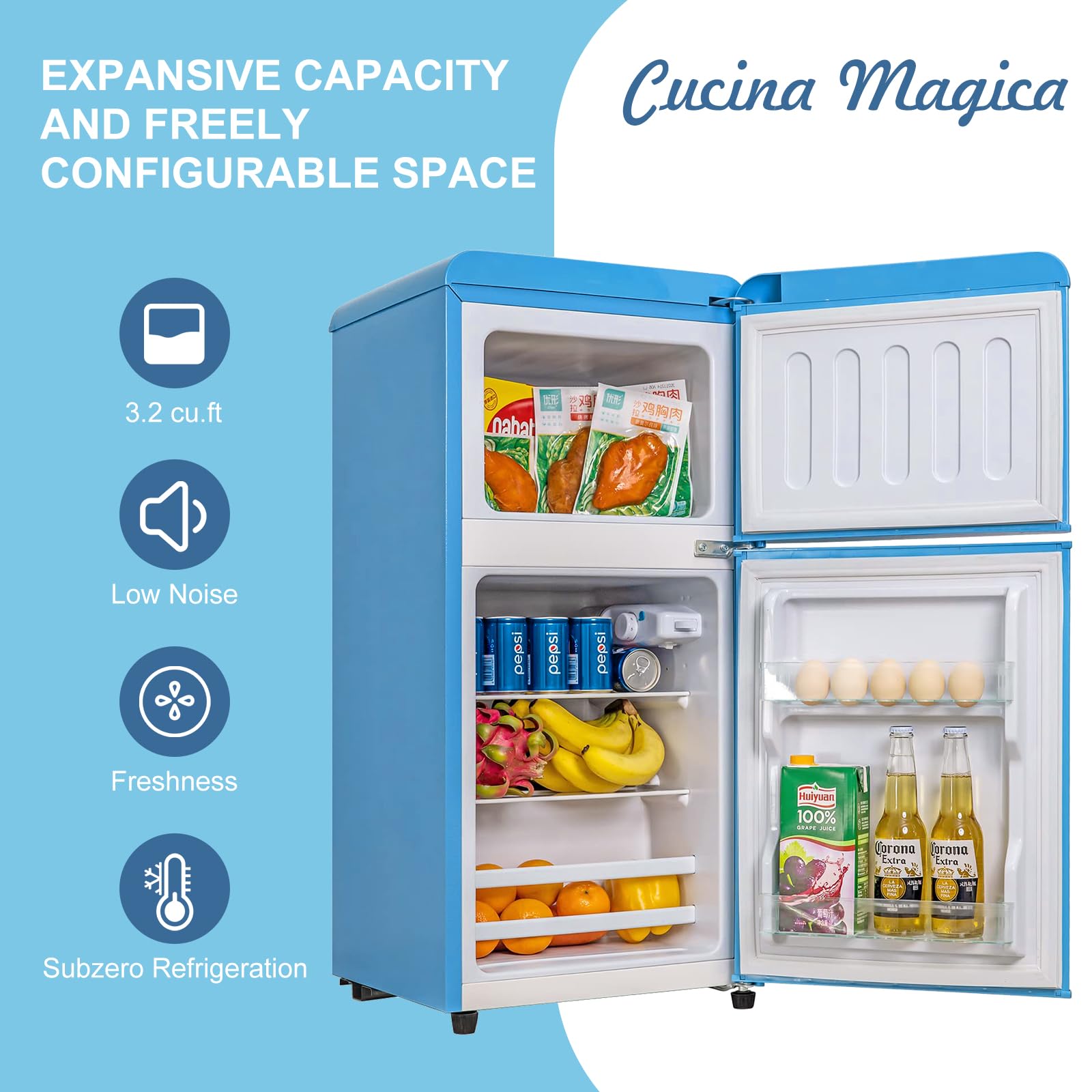 3.2 Cu.Ft Retro Mini Fridge for Bedroom - Adjustable Removable Double Door Compact Refrigerator in Blue | Perfect for Dorm, Office, Cabin & Small Spaces | Keep Drinks & Snacks Fresh Anywhere