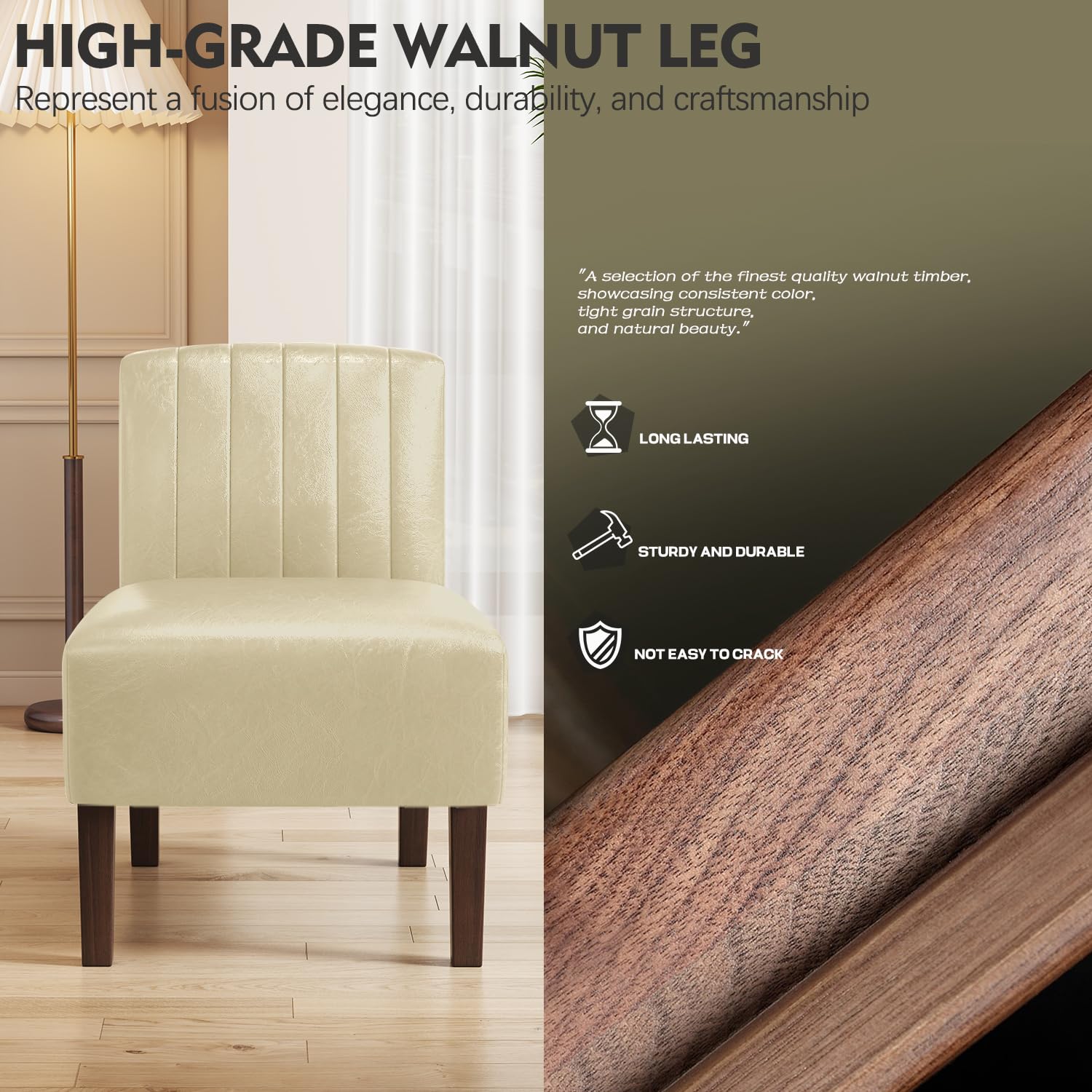 2 Pack Armless Accent Chairs - Upholstered Dining & Living Room Chairs with Solid Wood Legs, Beige Leather Reading Chairs for Bedroom, Vanity & Kitchen - Perfect for Small Spaces, Home Office & Cozy Corners