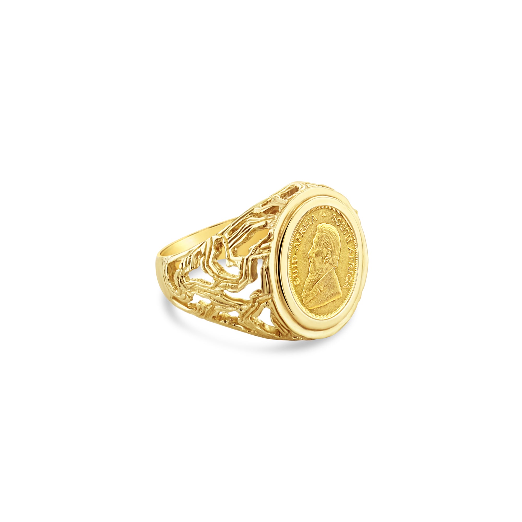 Krugerrand South African Gold Coin Ring with Tree Branch Band Design - Unique Handmade Jewelry for Men & Women, Perfect for Gifts, Weddings & Special Occasions
