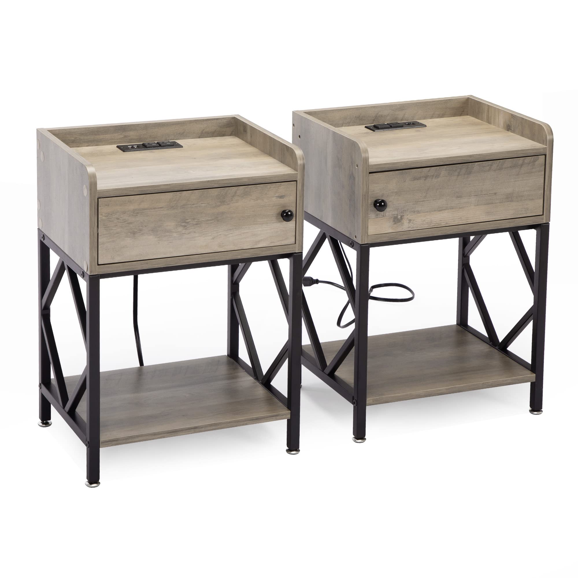 Set of 2 Wood Nightstand with USB Charging Station - Farmhouse End Table with Cabinet & Shelf, Adjustable Foot Pads - Perfect for Bedroom, Living Room, Sofa or Bedside (Ideal for Phone Charging & Storage)
