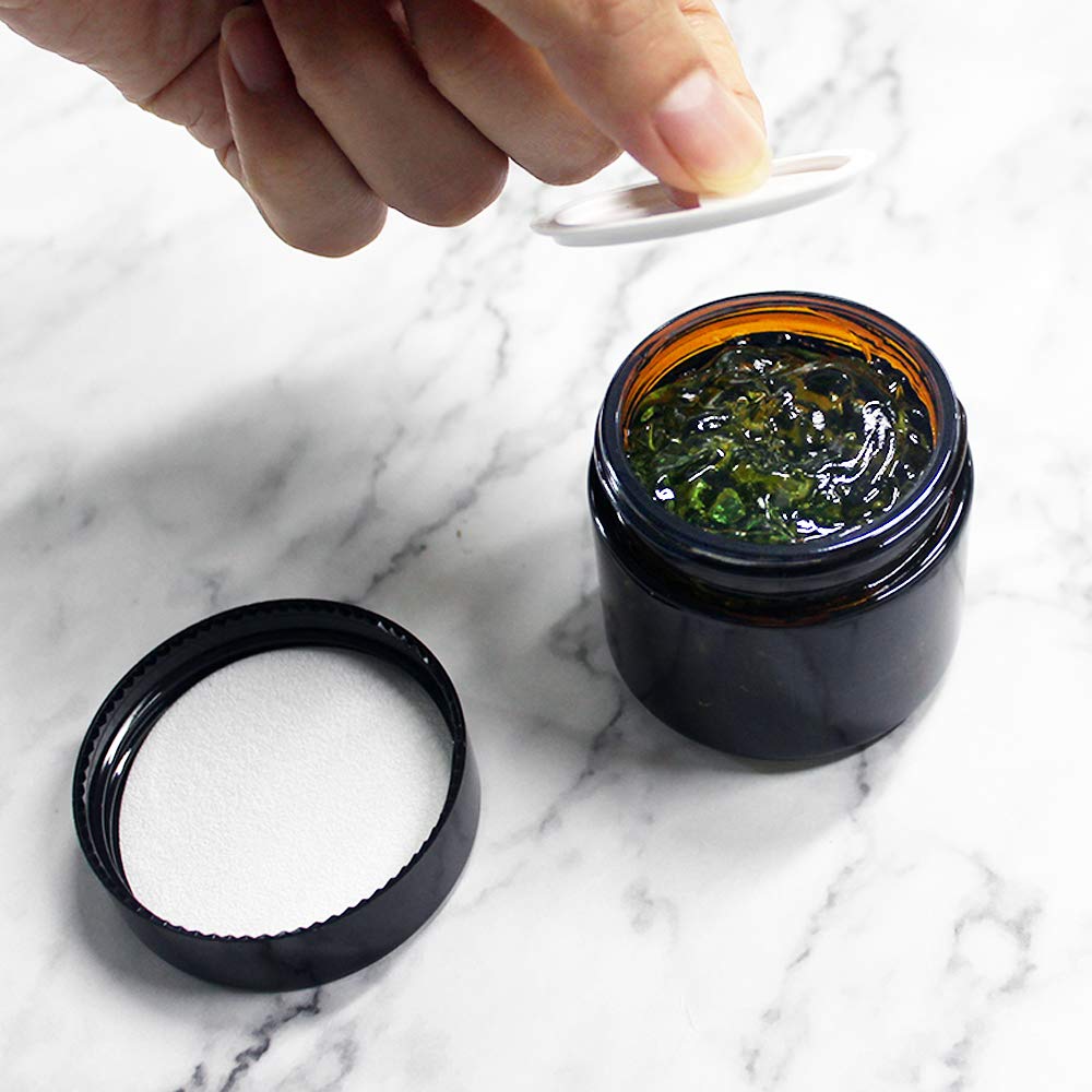 BPFY 24 Pack 2 oz Amber Glass Cosmetic Jars with Black Lids & Inner Liners - Refillable Travel Containers for Makeup, Cream, Lotion, Sugar Scrubs, Eyeshadow, Slime, Paint & Jewelry Storage - Perfect for DIY Beauty, Travel Organizer & Small Craft Projects