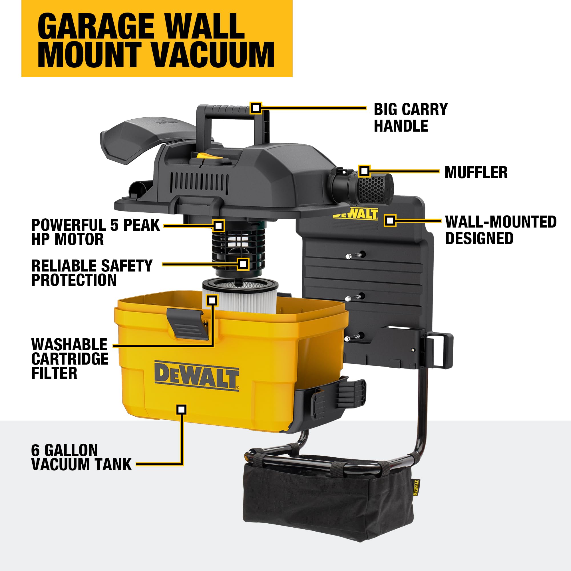 DEWALT 6 Gallon 5 HP Wall-Mounted Wet/Dry Vacuum Cleaner - Powerful Garage & Workshop Vacuum for Dust, Debris & Liquid Cleanup - Ideal for Home, Construction & Auto Detailing