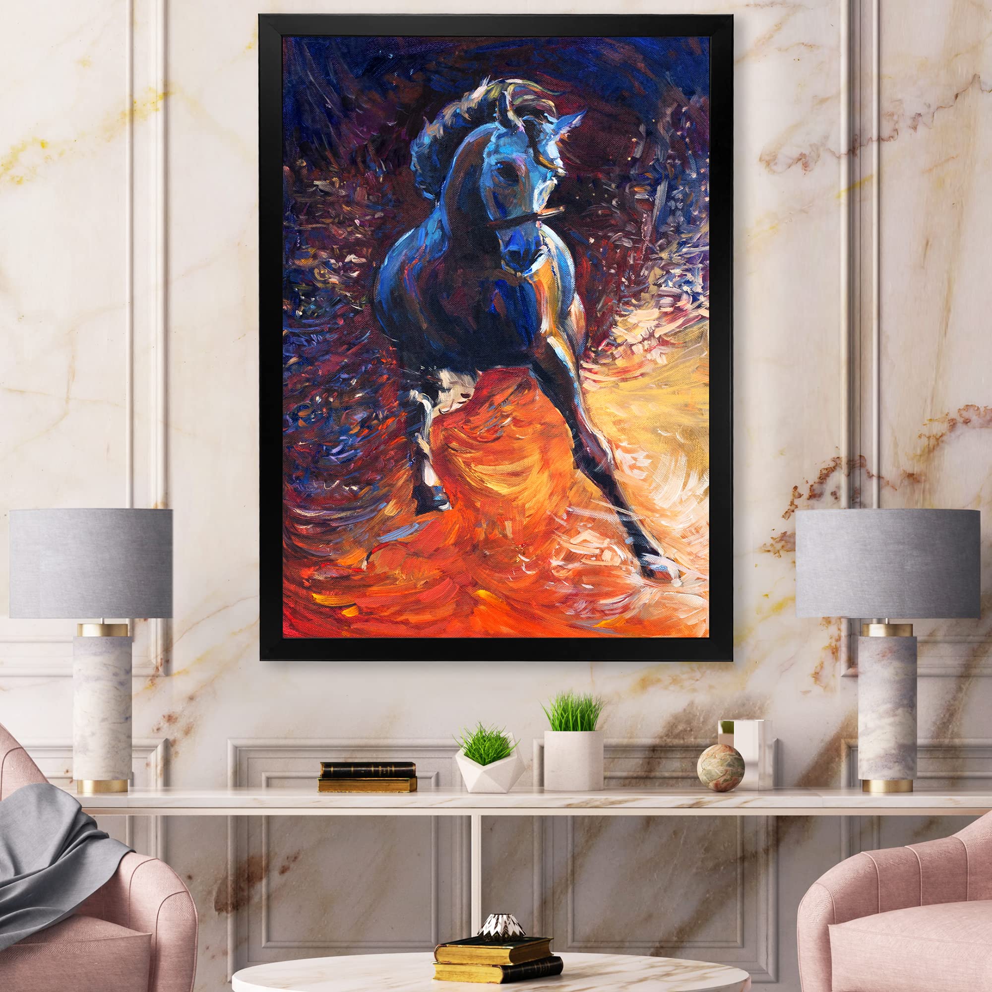 DesignQ Framed Wall Art - Galloping Blue Horse Farmhouse Portrait Painting for Living Room, Bedroom & Office Decor