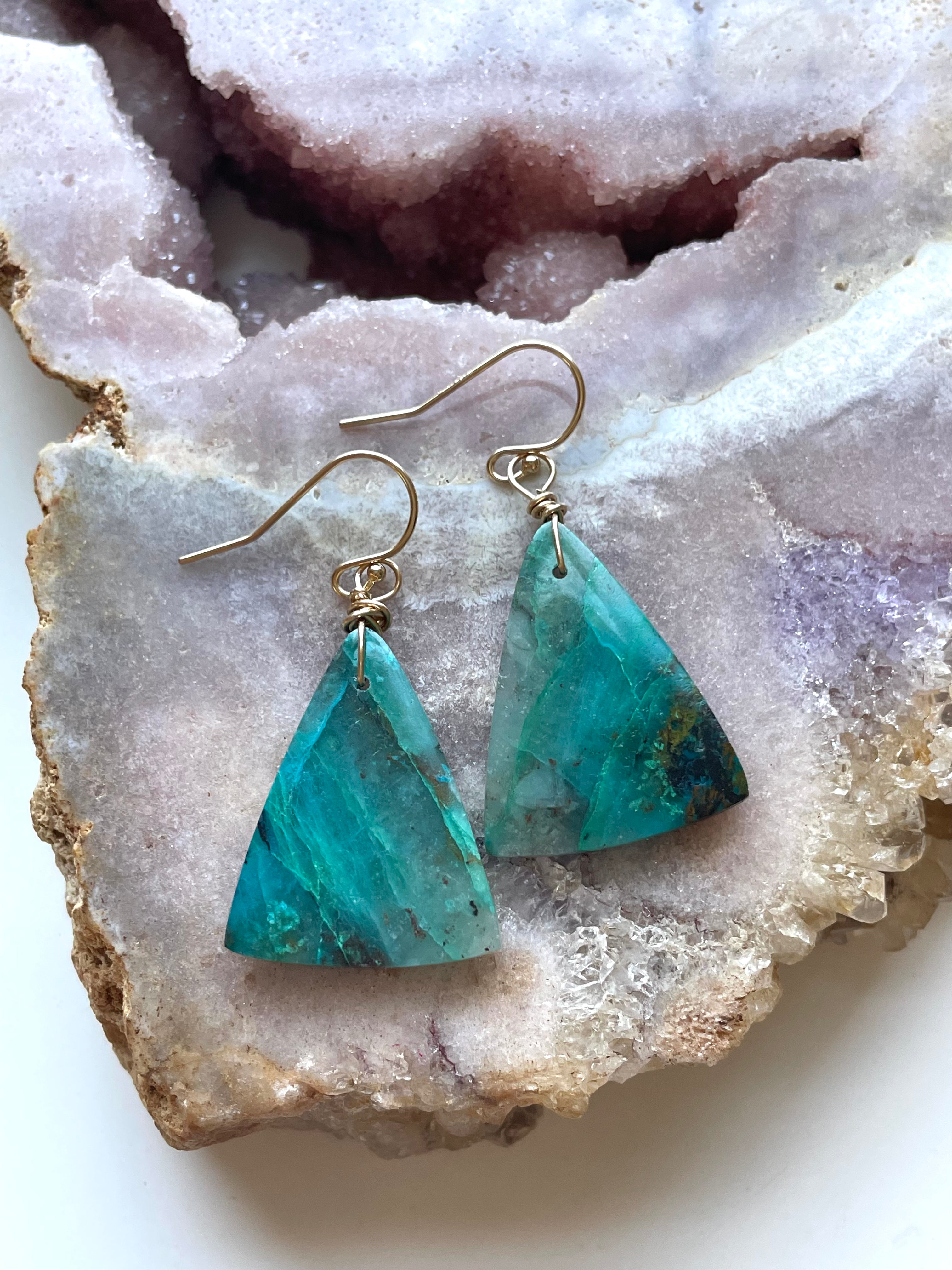 Large Chrysocolla Gold Filled Statement Crystal Gemstone Earrings for Women - Elegant Boho Jewelry for Parties, Weddings & Special Occasions