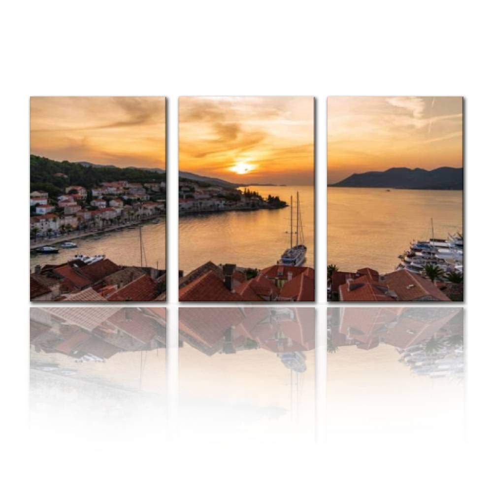 Stunning Croatia Sunset Canvas Painting - Modern Korcula Island Wall Art Decor, Printed Oil Painting Landscape for Home, Office, Bedroom (16x24 Inch, Set of 3) | Perfect for Living Room Decor, Housewarming Gift & Coastal Theme Interior Design