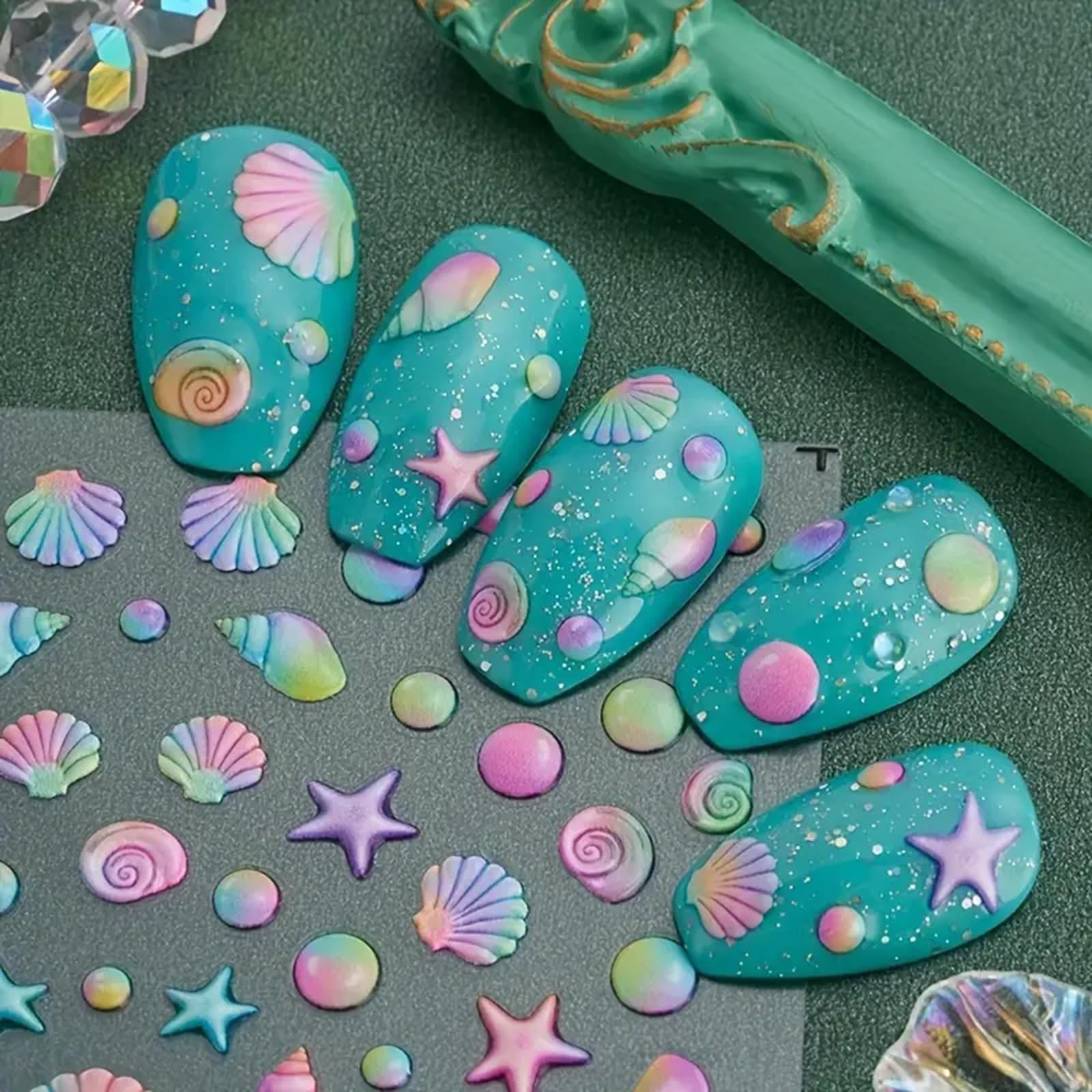 5D Embossed Nail Art Stickers with Seashells, Starfish - Summer Nail Decorations for Women & Girls - Perfect for Beach Vacations, Manicures, DIY Nail Designs