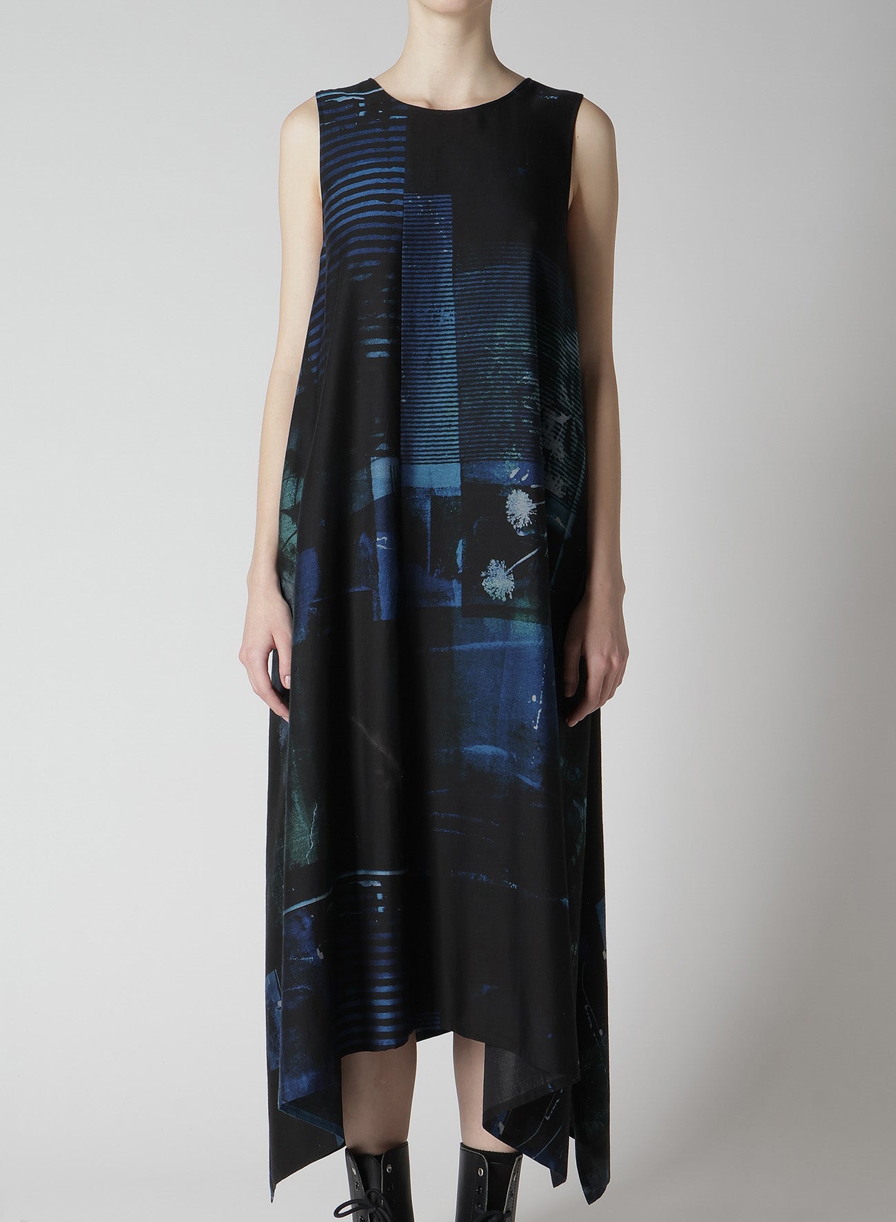 Cupro Blurry Flower Print Belted Tent Dress - Elegant Boho Chic Summer Maxi Dress for Beach, Vacation & Casual Outings