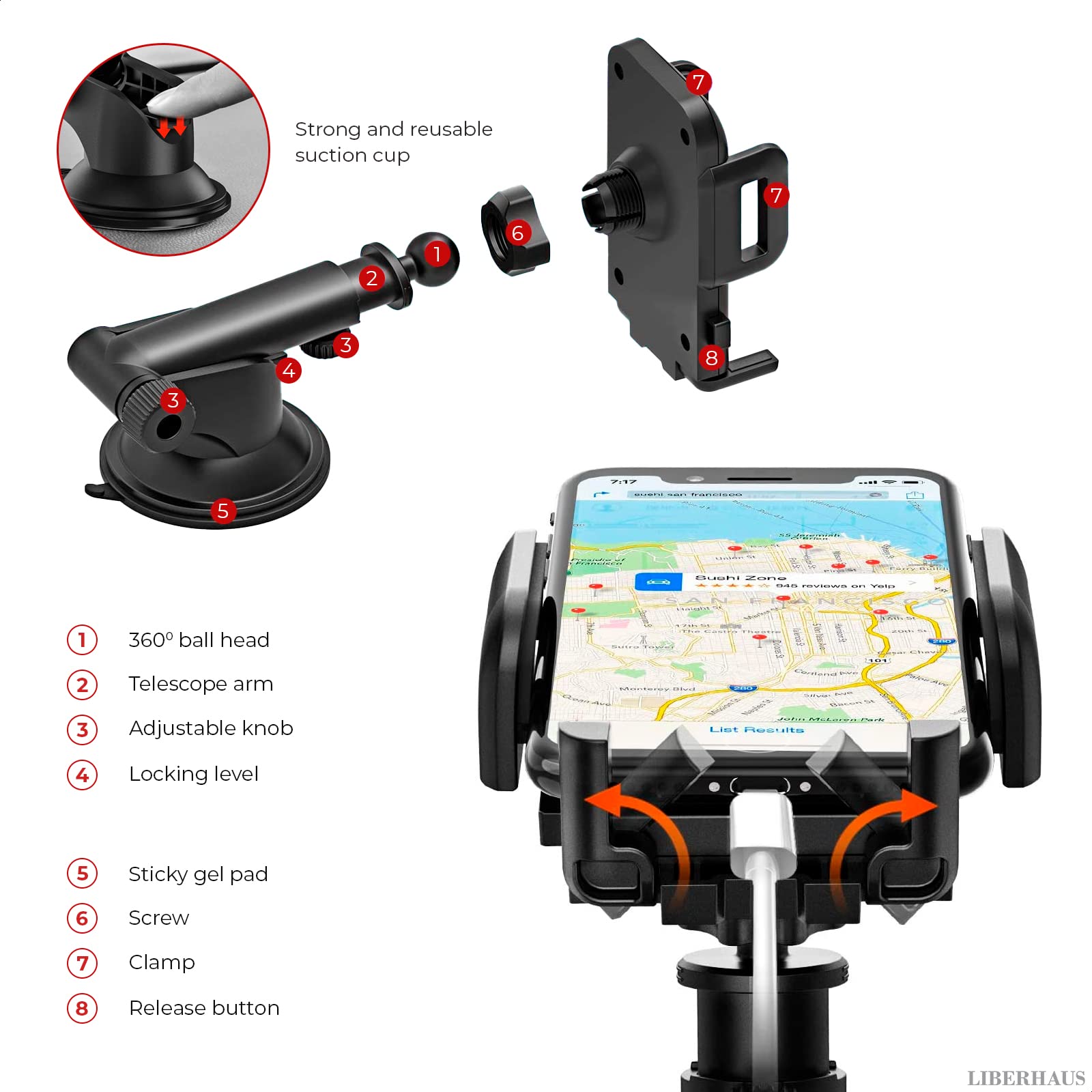 LIBERHAUS 360° Rotatable & Retractable Car Phone Holder Mount for iPhone 12/11/Pro/Max/X/8/7 - Universal Dashboard & Windshield Car Mount with Strong Suction Cup - Perfect for GPS Navigation & Hands-Free Driving