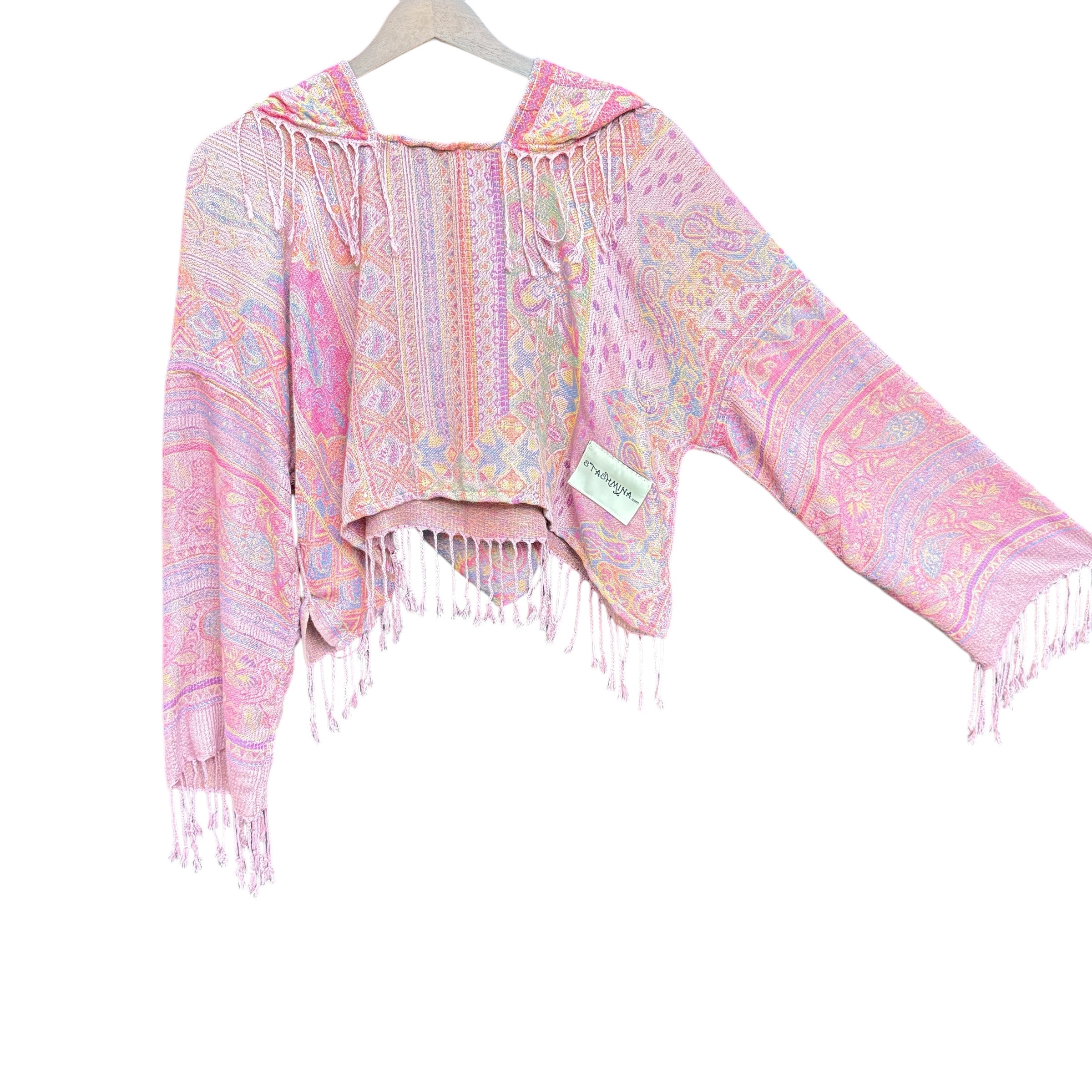 PASH LS CROP TOP - Pink Matrix Paisley Print Long Sleeve Women's Shirt | Fashion Tops for Casual Wear, Street Style & Festival Outfits