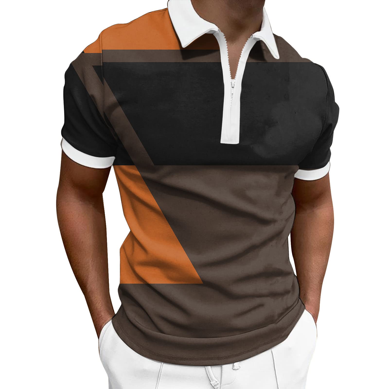 Men's Geometric Print Short Sleeve T-Shirt - Summer Casual Lapel Zipper Shirt for Outdoor Activities, Travel & Streetwear Fashion