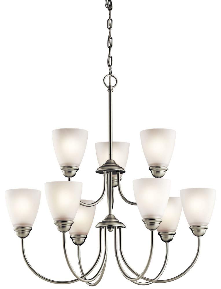 Kichler Jolie 28 Inch 9-Light Chandelier with Satin Etched Glass in Brushed Nickel - Elegant Dining Room Lighting for Home Decor